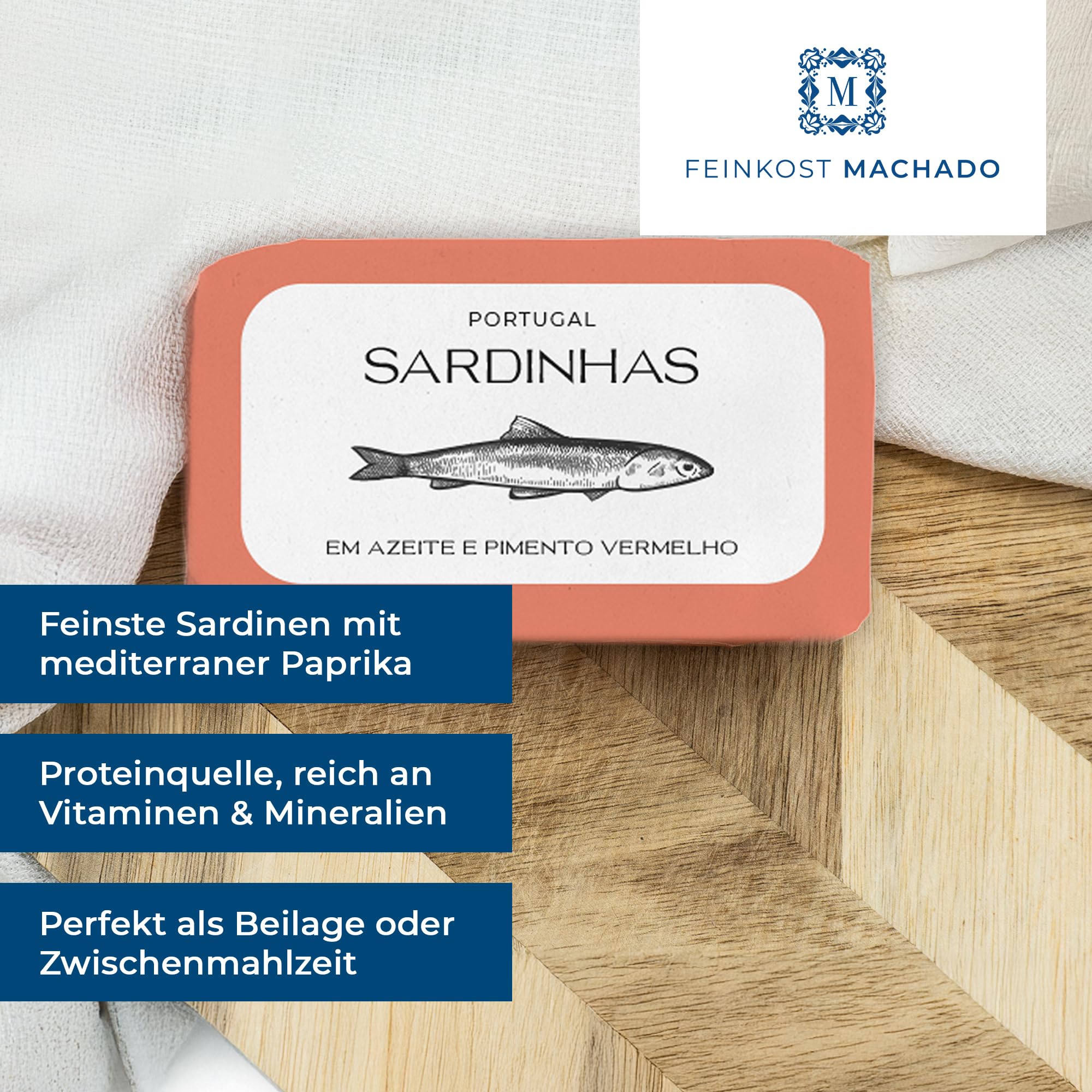 Feinkost Machado — Set of 4 Sardines in Olive Oil (160g each) | Classic, with Lemon, Garlic & Paprika | Mediterranean Delight from Portugal — Tender, Spicy & Aromatic | Perfect for Salads & Snacks