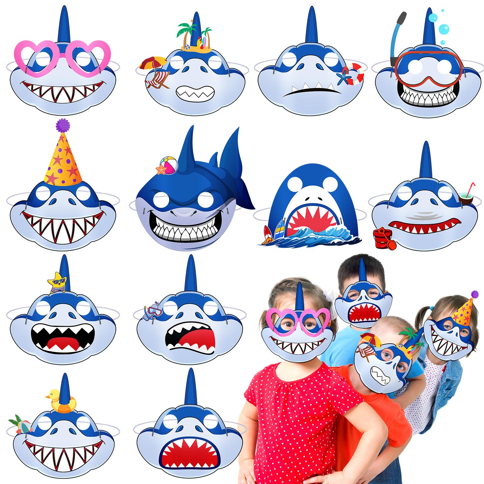 Minatee 24 Pieces Shark Party Masks Kids Shark Paper Masks Ocean Sea Animal Photo Booth Props Under the Sea Party Supplies for Kids Boys Girls