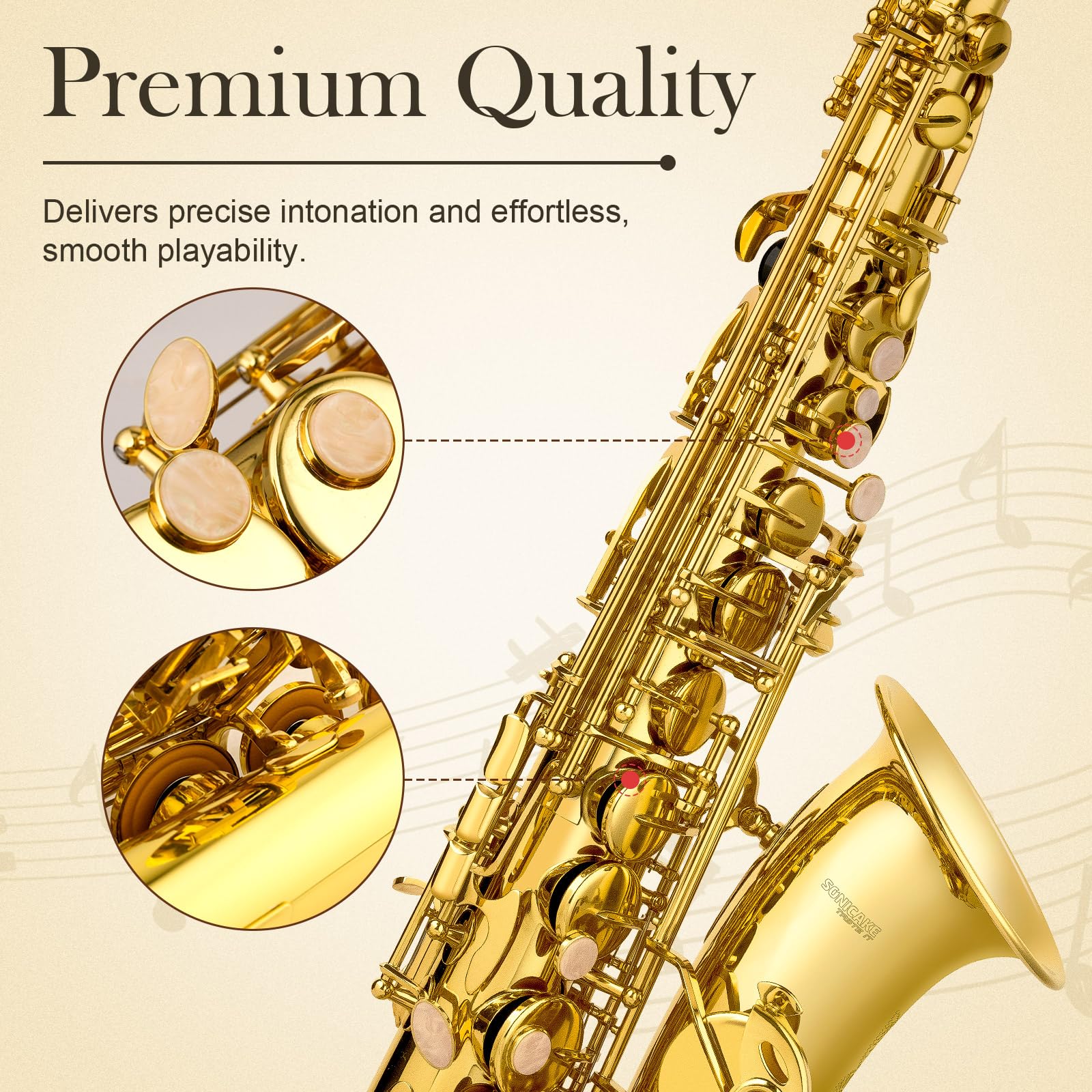 SONICAKE Saxophone Alto Mi bémol Vernis Or, Kit complet pour débutant avec étui, bec, anches, support & accessoires QSX-01