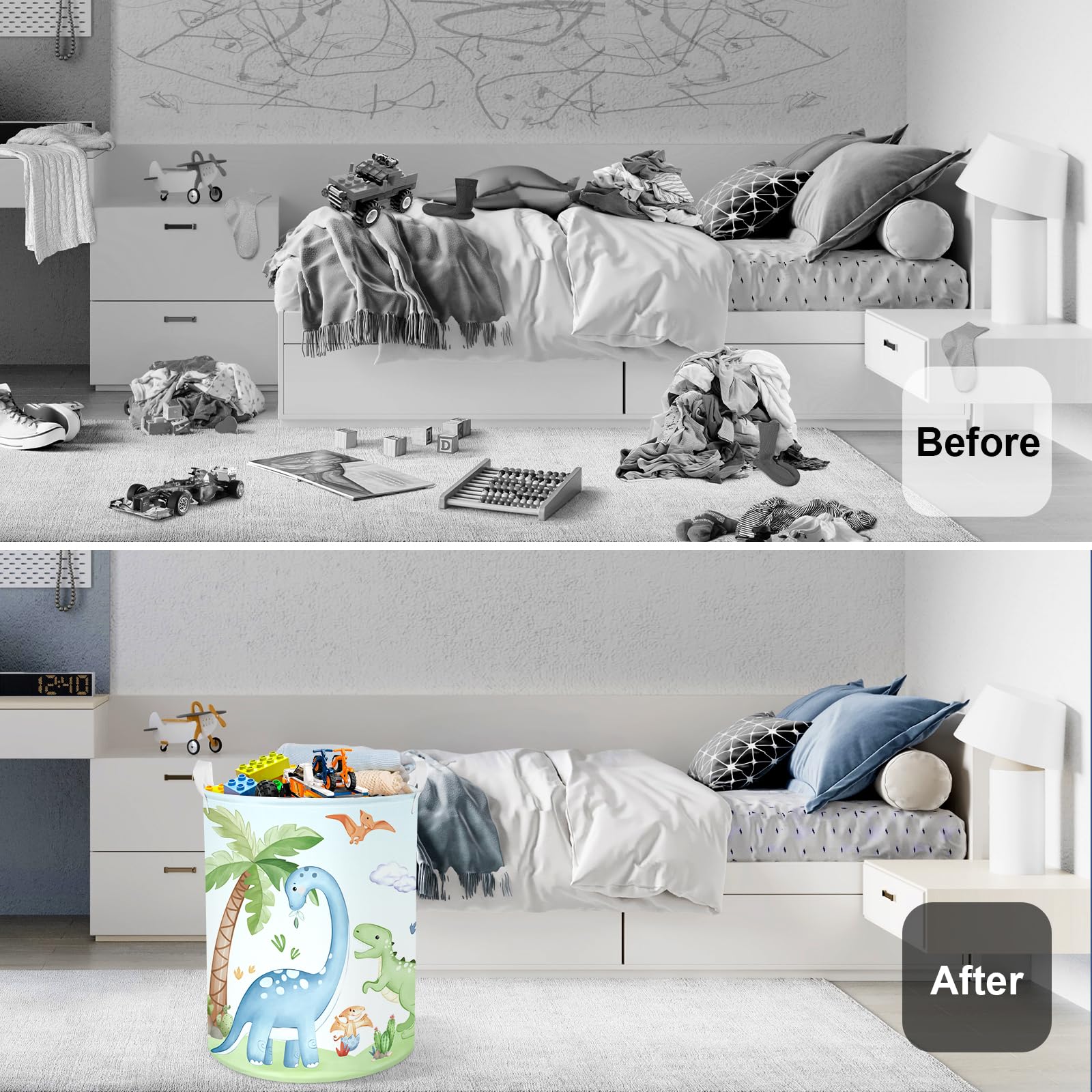 HUUMONSS Dinosaurs Baby Laundry Hamper Collapsible Clothes Kids Storage Basket Palm Tree Large Boys Girls Gift Toy Box Bin for Nursery Room, Blue, 63L