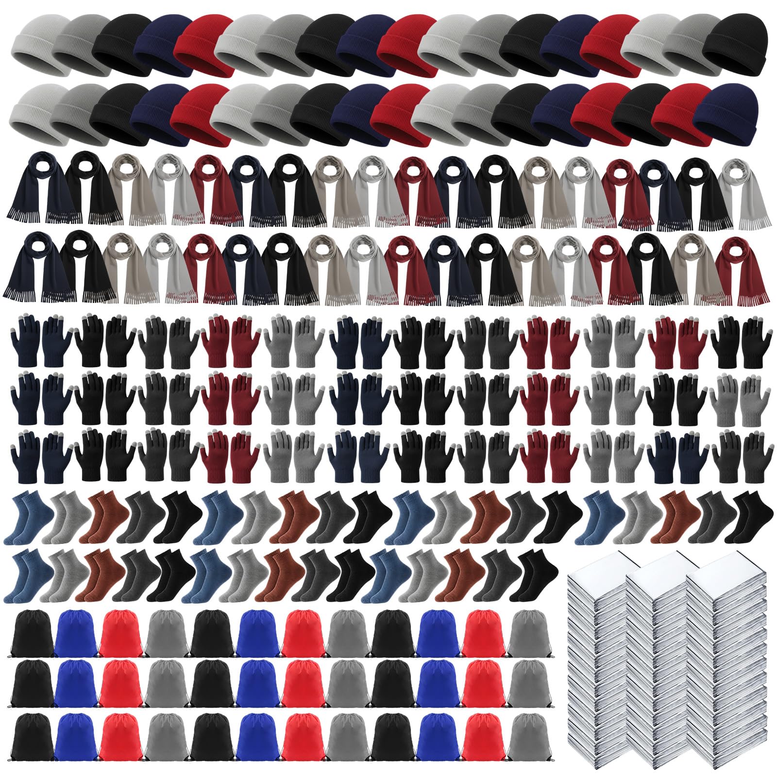 216 pcs homeless care package supplies bulk winter emergency blankets beanies hat gloves scarves socks drawstring bags for men women cold weather camping outdoor survival kit (5 colors)