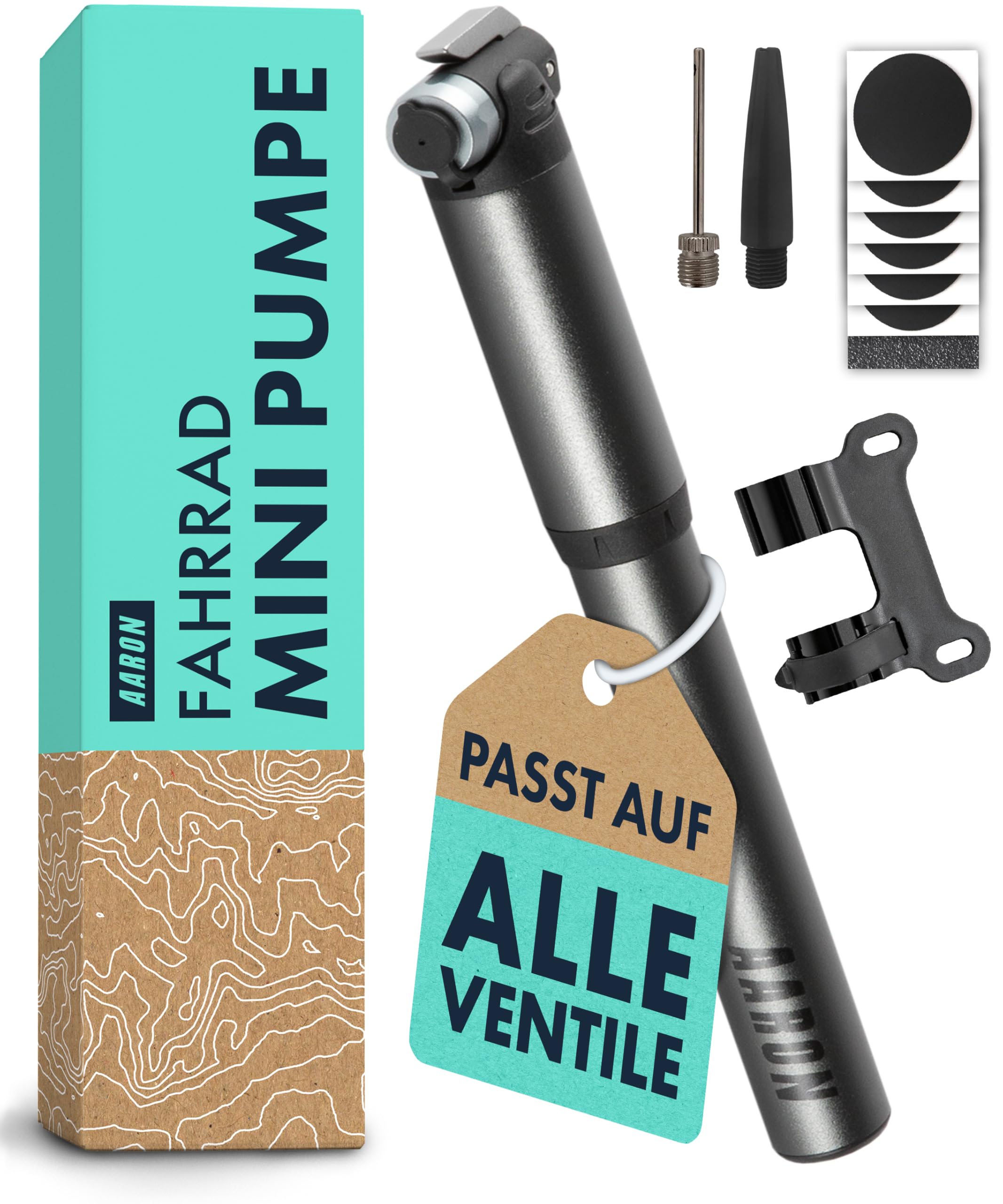 AARON Pocket One Mini Fahrradpumpe für alle Ventile - kompakte Luftpumpe passend für jeden Rahmen - Handpumpe für unterwegs mit gratis Pannenset - Rad Pumpe in schwarz/grau