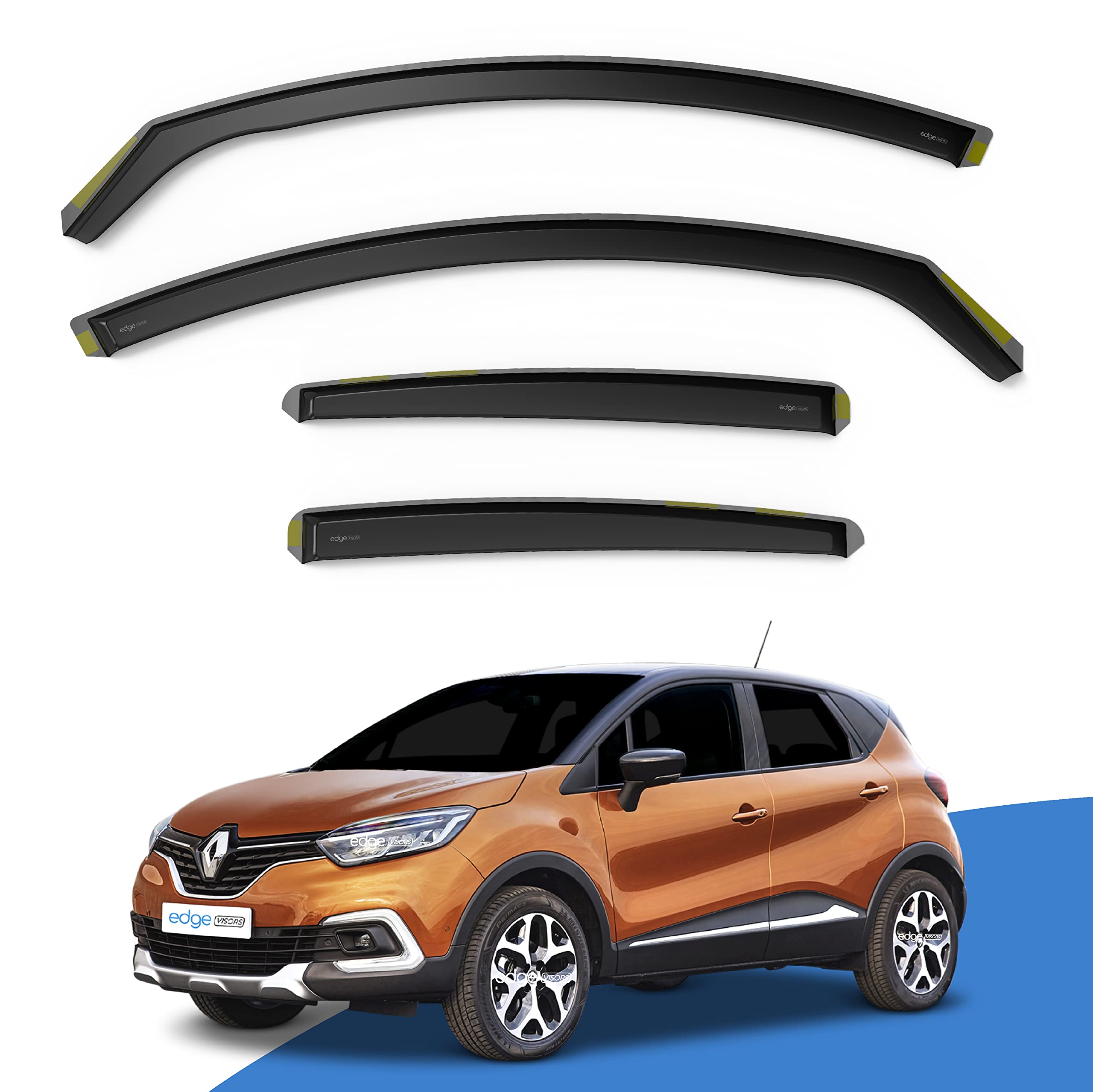 EdgeVisors Wind Deflectors | Fits: Renault Captur MK1 (2013-2020) 5 Door SUV 4pc Set | In-Channel Rain Guards for Wind, Rain & Sun Protection, Easy Installation - Tinted