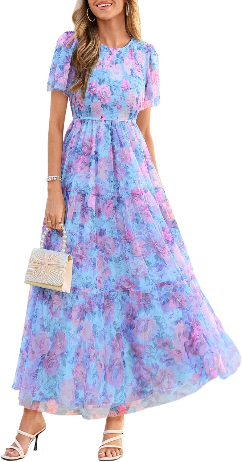 PRETTYGARDEN Tulle Floral Dress Women Summer Wedding Guest 2026 Spring Short Sleeve Maxi Smocked Flowy Beach Party Dresses