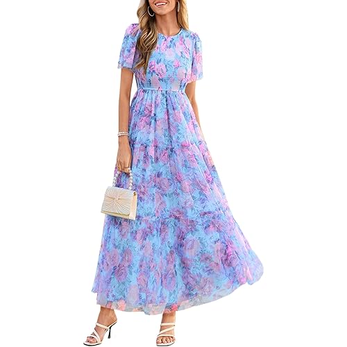 PRETTYGARDEN Tulle Floral Dress Women Summer Wedding Guest 2026 Spring Short Sleeve Maxi Smocked Flowy Beach Party Dresses