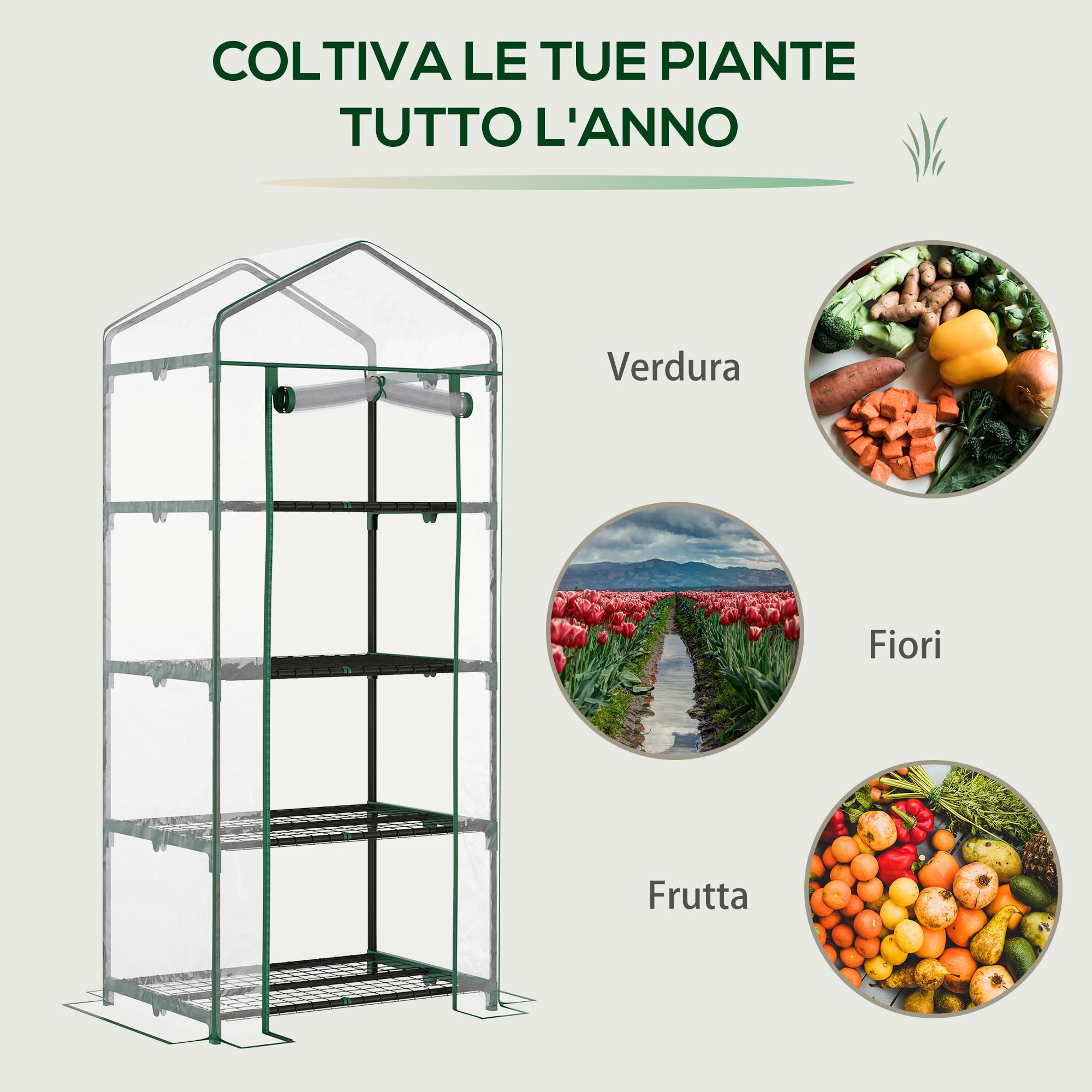 Outsunny Serra da Balcone Compatta con 4 Ripiani per Piante, Serra da Giardino con Copertura in PVC Trasparente, 70x50x160cm