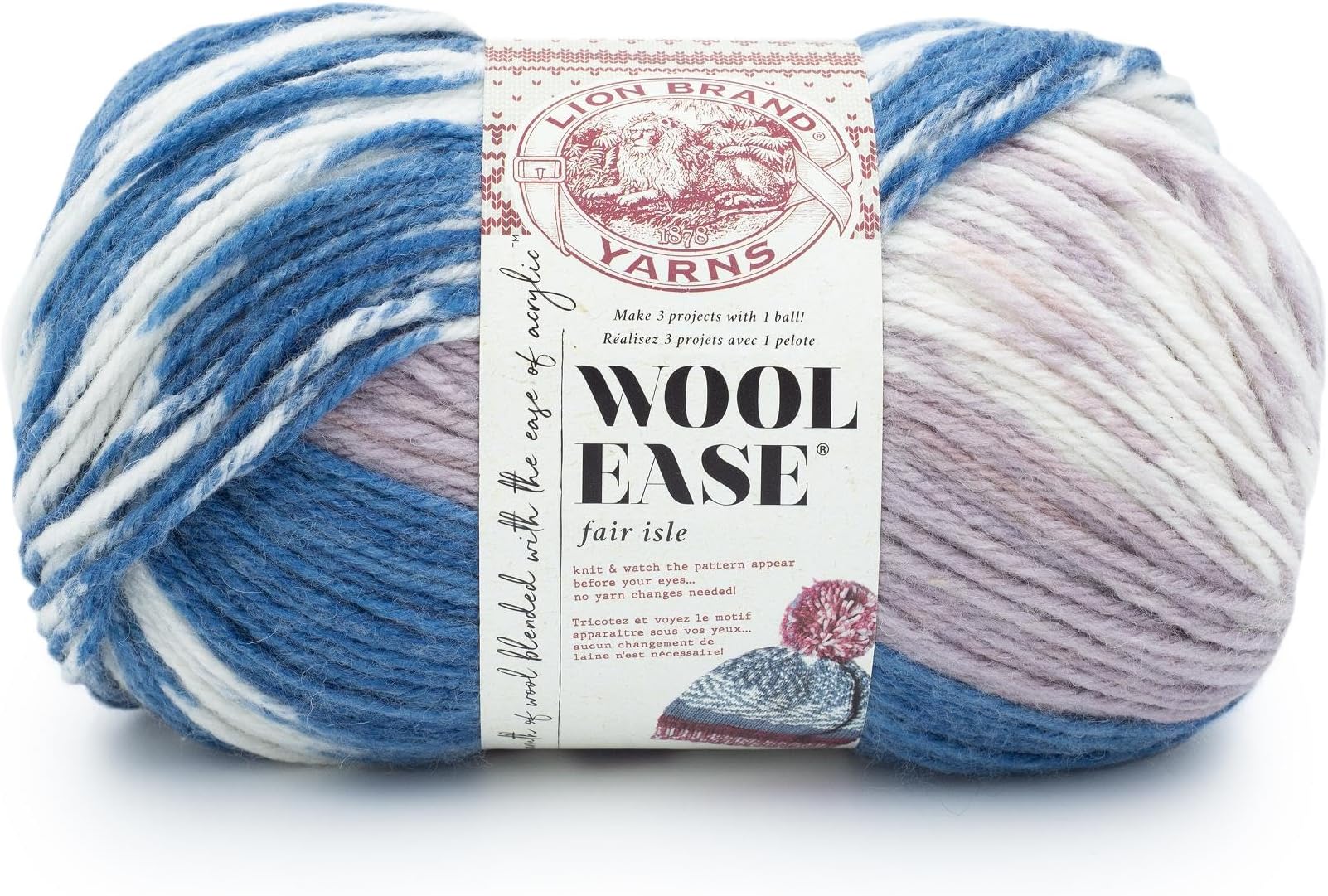Wool Ease Fair Isle, Yarn for Knitting, Denim/Lilac, 1 Pack