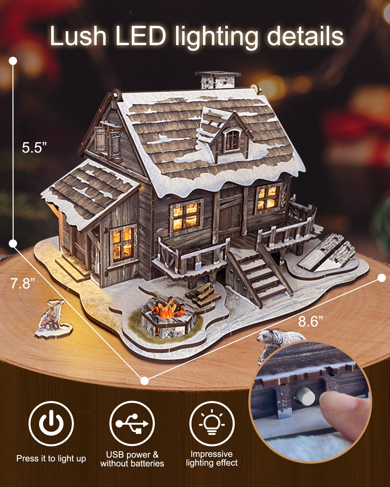 Snapklik.com : LED 3D Wooden Puzzle Winter Cabin DIY Miniature Building Kit