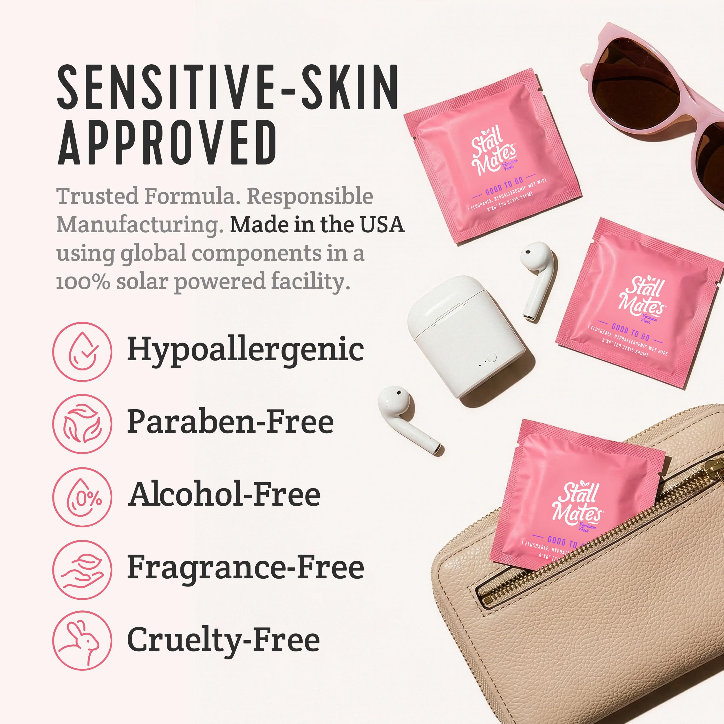 Stall Mates Wipes Feminine Fresh: Spülbare, einzeln verpackte feminine Tücher für Reisen Unparfümfrei und pH-ausgewogen mit Sonnenblume, Rosmarin und Aloe (30 on-the-go-Singles)