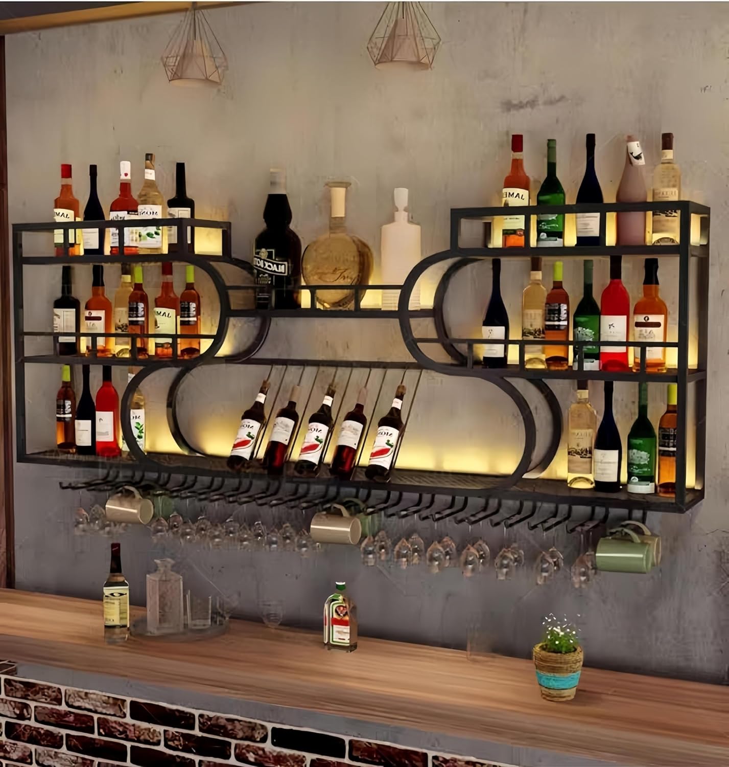 59 Inch Wall Mounted Wine Rack, 3 Tier Liquor Shelf, Metal Bar Shelf Wall Mounted for Bottle Storage, Bar Shelves for Liquor Bottles, Space-Saving Display for Home Bar, Dining Room, Black(No Lights)