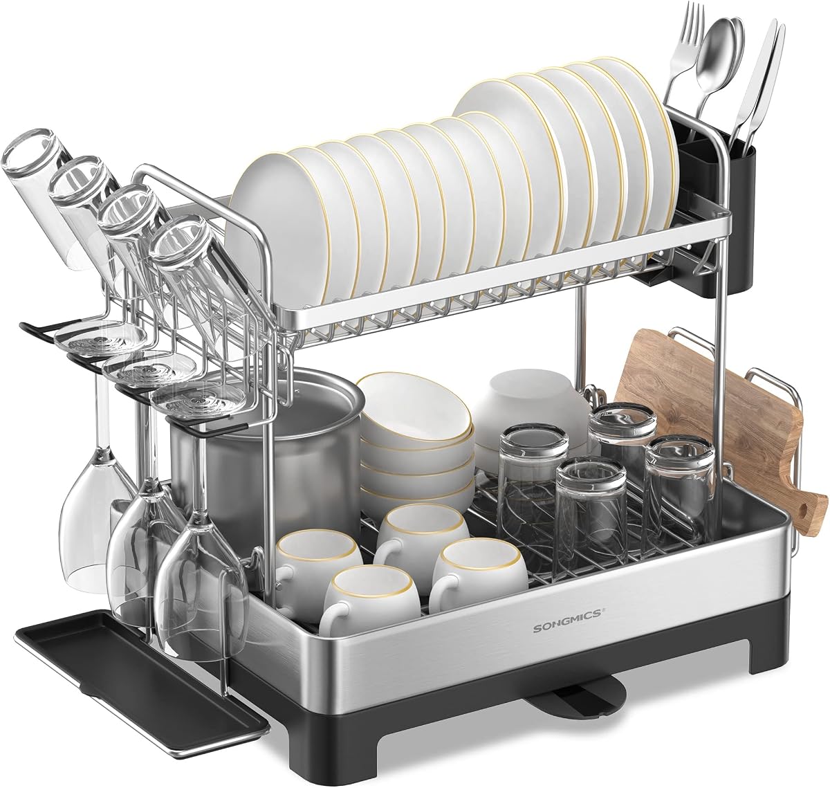 SONGMICS 2 Tier Dish Drying Rack for Kitchen Counter | Dish Drainer with Utensil, Cup, Glass, Cutting Board Holders, Rotatable and Extendable Drain Spout UKCS032B01
