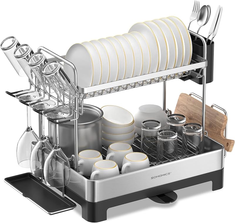 SONGMICS 2 Tier Dish Drying Rack for Kitchen Counter | Dish Drainer with Utensil, Cup, Glass, Cutting Board Holders, Rotatable and Extendable Drain Spout UKCS032B01