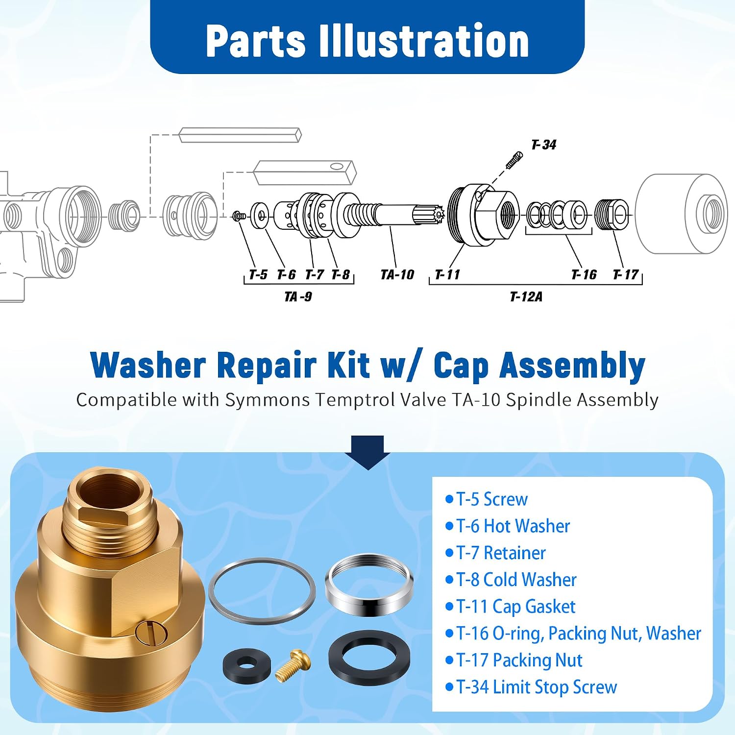 Washer Repair Kit and Cap Assembly, Compatible with TA-9 and T-12A, Compatible with Symmons Temptrol Valve TA-10 Spindle Assembly, Includes Washer, Retainer, Screw, Cap Gasket, Nut