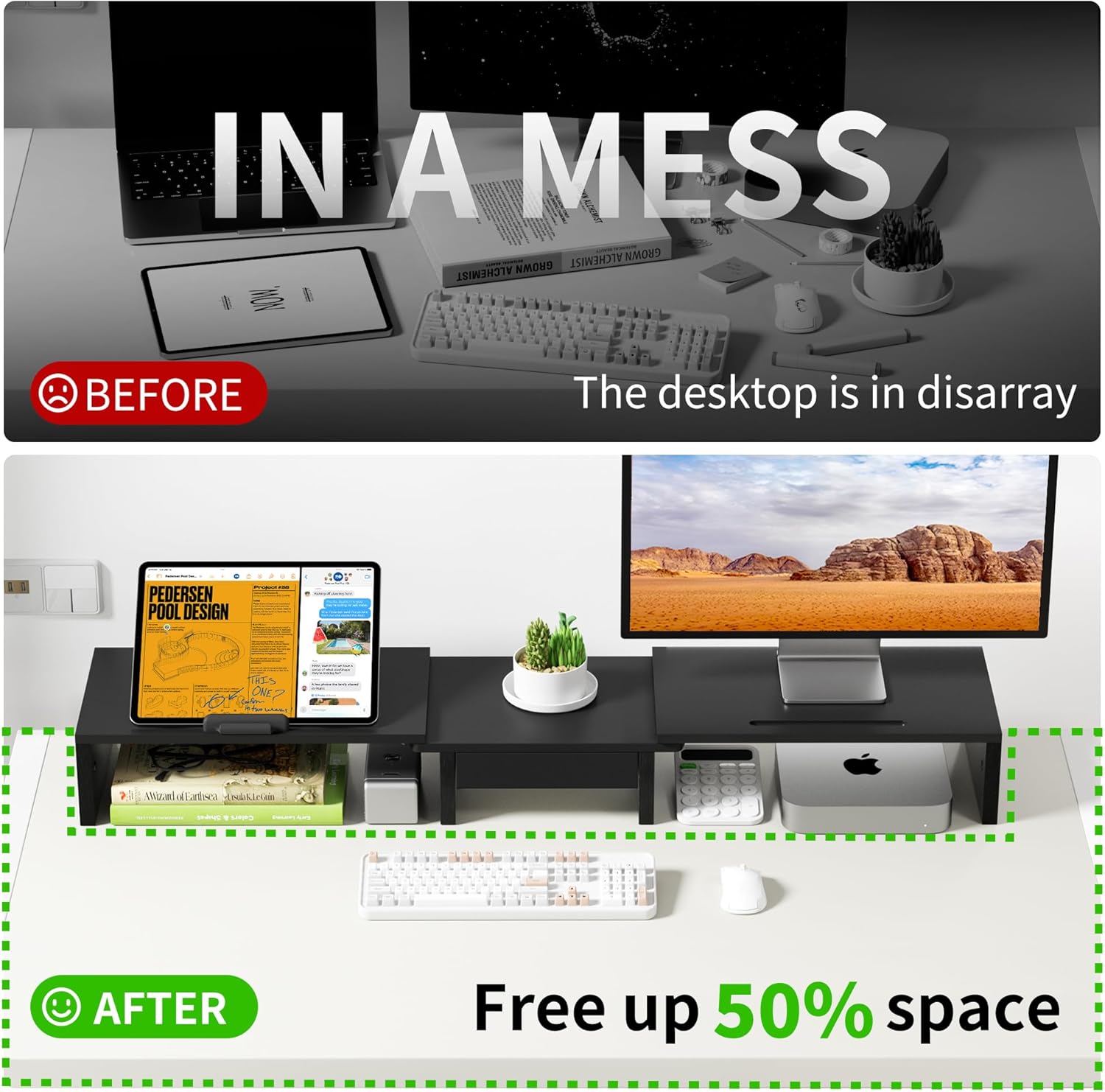 Dual Monitor Stand Riser - Computer Monitor Stand for 2 Monitors，Office Desktop Organizer，Adjustable Length and Angle 3 Shelf with Storage Drawer Phone Holder for Monitors and Laptops-Black