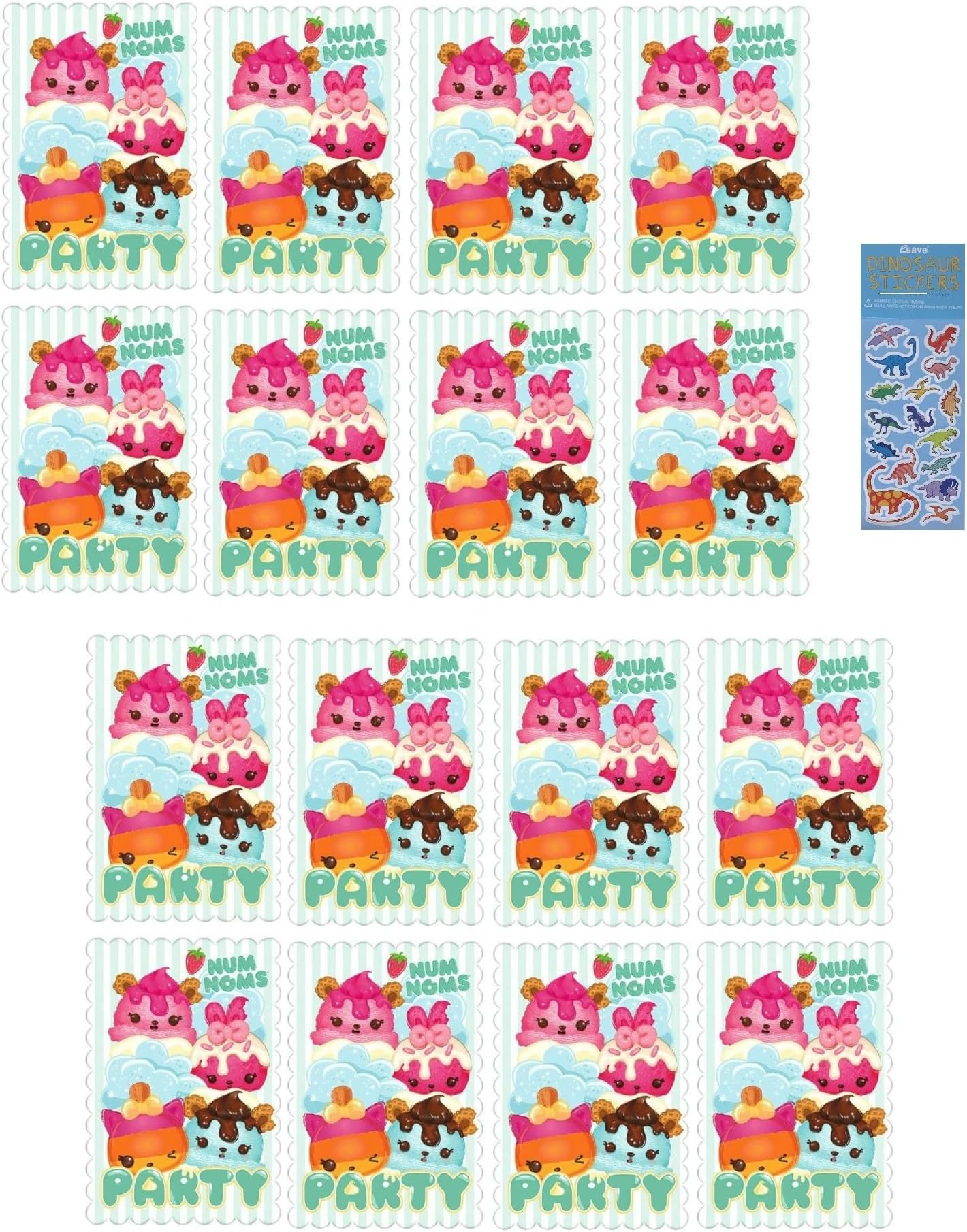 Num Noms Birthday Party Supplies Bundle includes 16 Postcard Party Invitations, 16 Envelopes, 16 Seals, 16 Save the Date Stickers, 1 Dinosaur Sticker Sheet