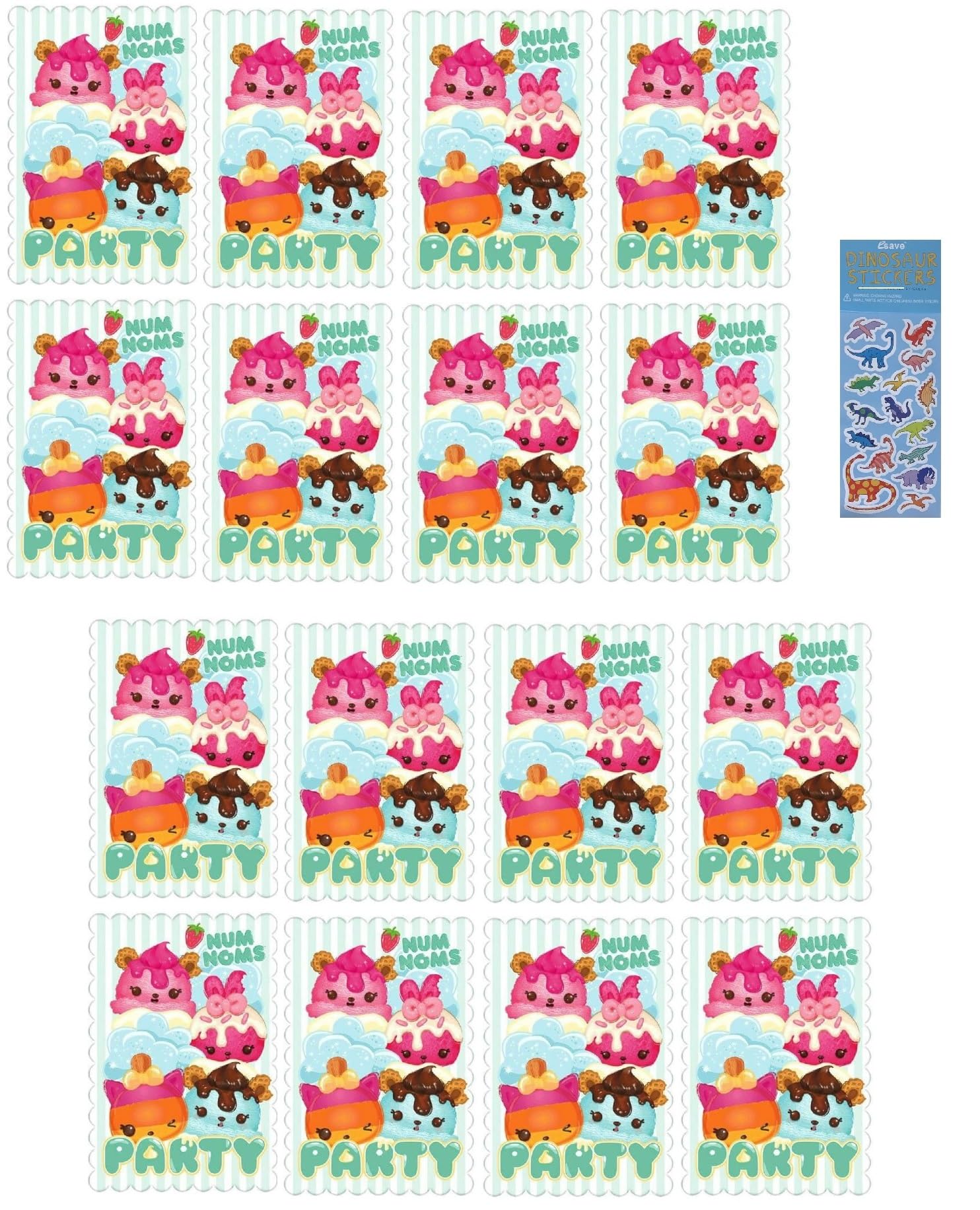 Num Noms Birthday Party Supplies Bundle includes 16 Postcard Party Invitations, 16 Envelopes, 16 Seals, 16 Save the Date Stickers, 1 Dinosaur Sticker Sheet