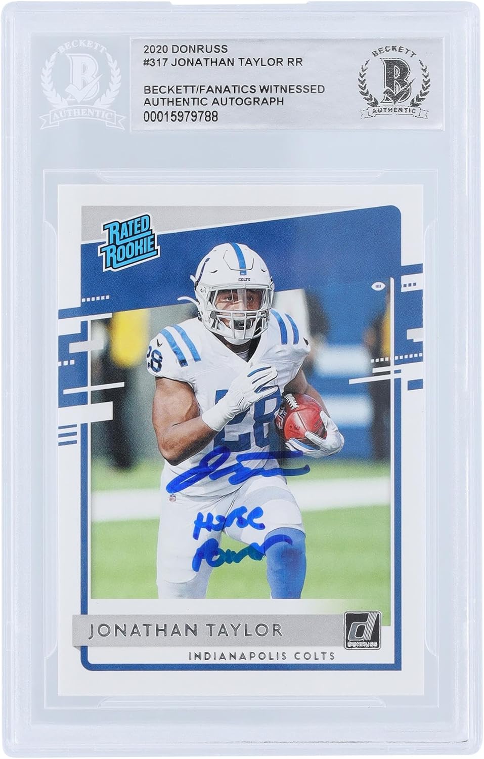 Jonathan Taylor Indianapolis Colts Autographed 2020 Panini Donruss Rated Rookie #317 Beckett Fanatics Witnessed Authenticated Rookie Card with "Horse Power" Inscription - Football Slabbed Autographed