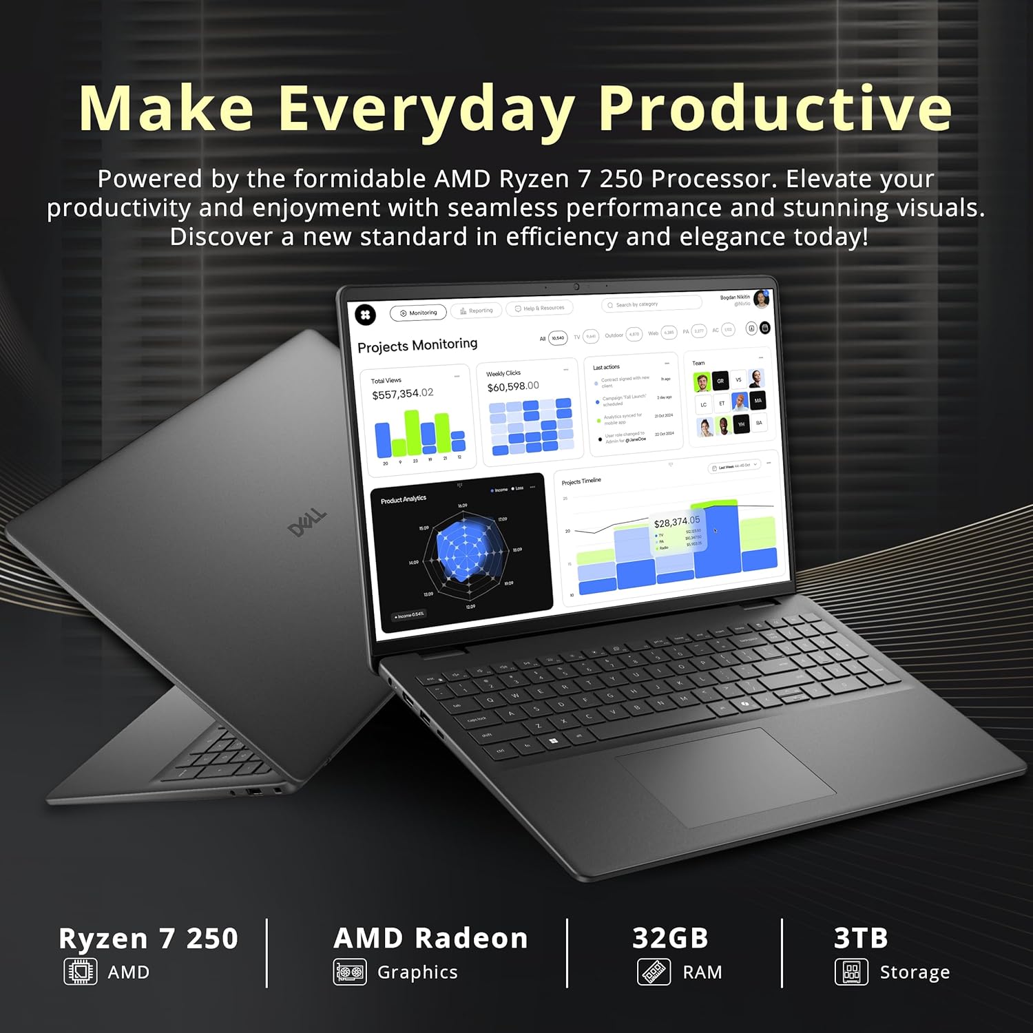 Dell 16" FHD+ Touchscreen Business Laptop, AMD Ryzen 7 250, 32GB DDR5, 3TB Storage(2TB SSD+1TB Docking Station Set), AMD Radeon Graphics, Backlit Keyboard, HD Webcam, Wi-Fi 6, Windows 11 Pro, Black