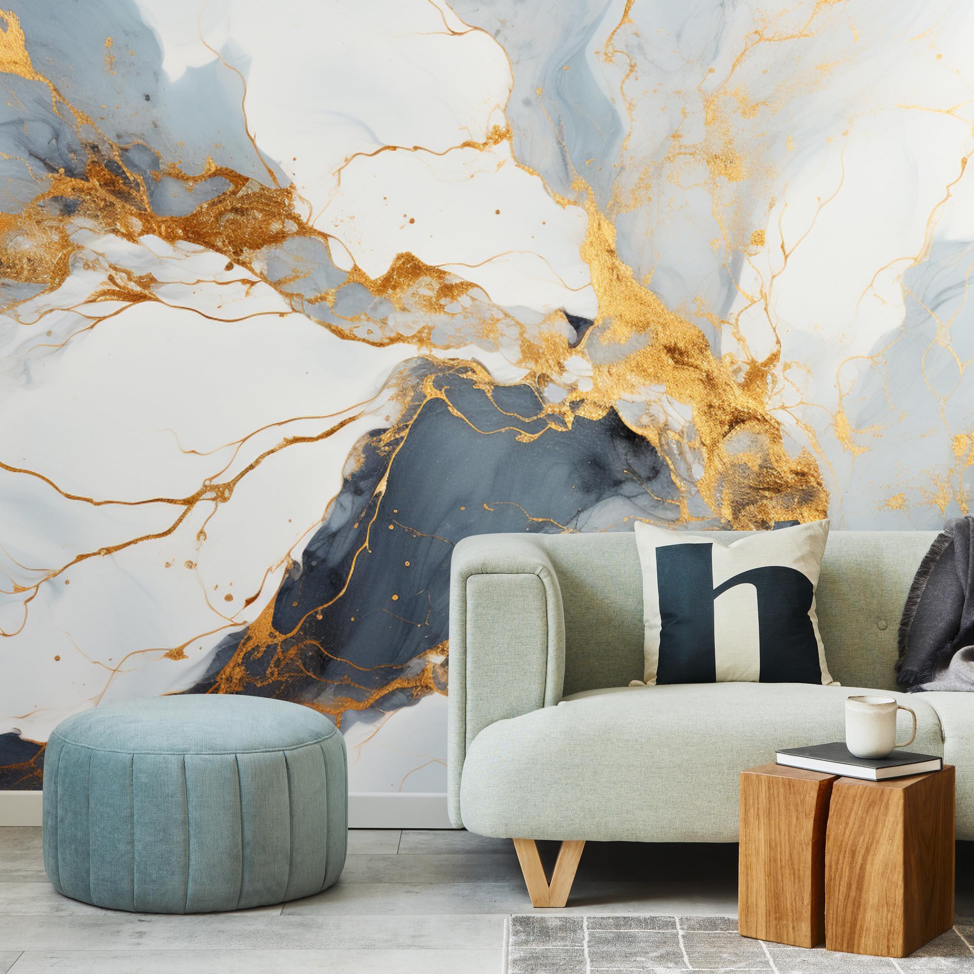 Muralo Papel Pintado en TNT 3D, Azul Gris Mármol - 400x280 cm