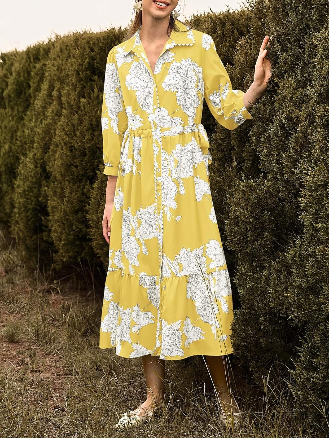 Wenrine Womens Maxi Shirt Dress Casual Floral Collared 3/4 Long Sleeve Drawstring Waist Fall Button Down Dresses - Image 5