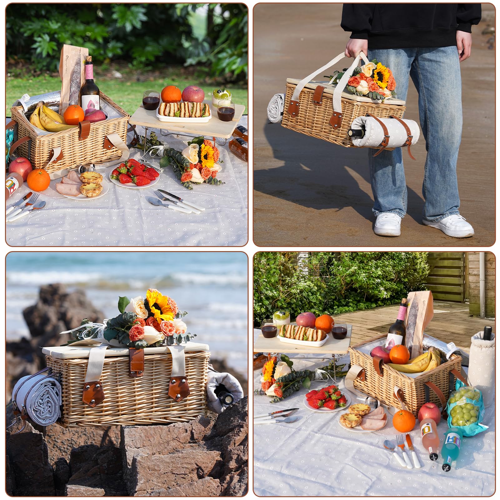 Juego de cesta de picnic con mini mesa plegable y juego de cubiertos, cesta de picnic para 2 personas con bolsas frías, cesta de mimbre con asa, cesta de mimbre para picnic, camping, fiesta al aire