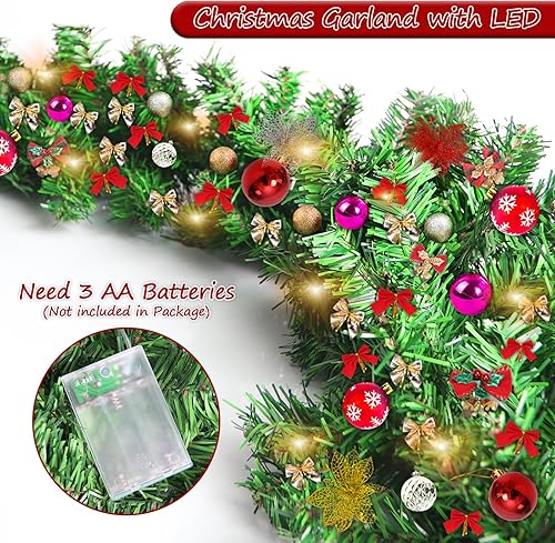 Miniatura 4 de CESHUMD Guirnalda de Navidad, guirnalda de Navidad de 9 pies con 80 luces LED, guirnalda de Navidad iluminada a pilas para decoraciones de Navidad