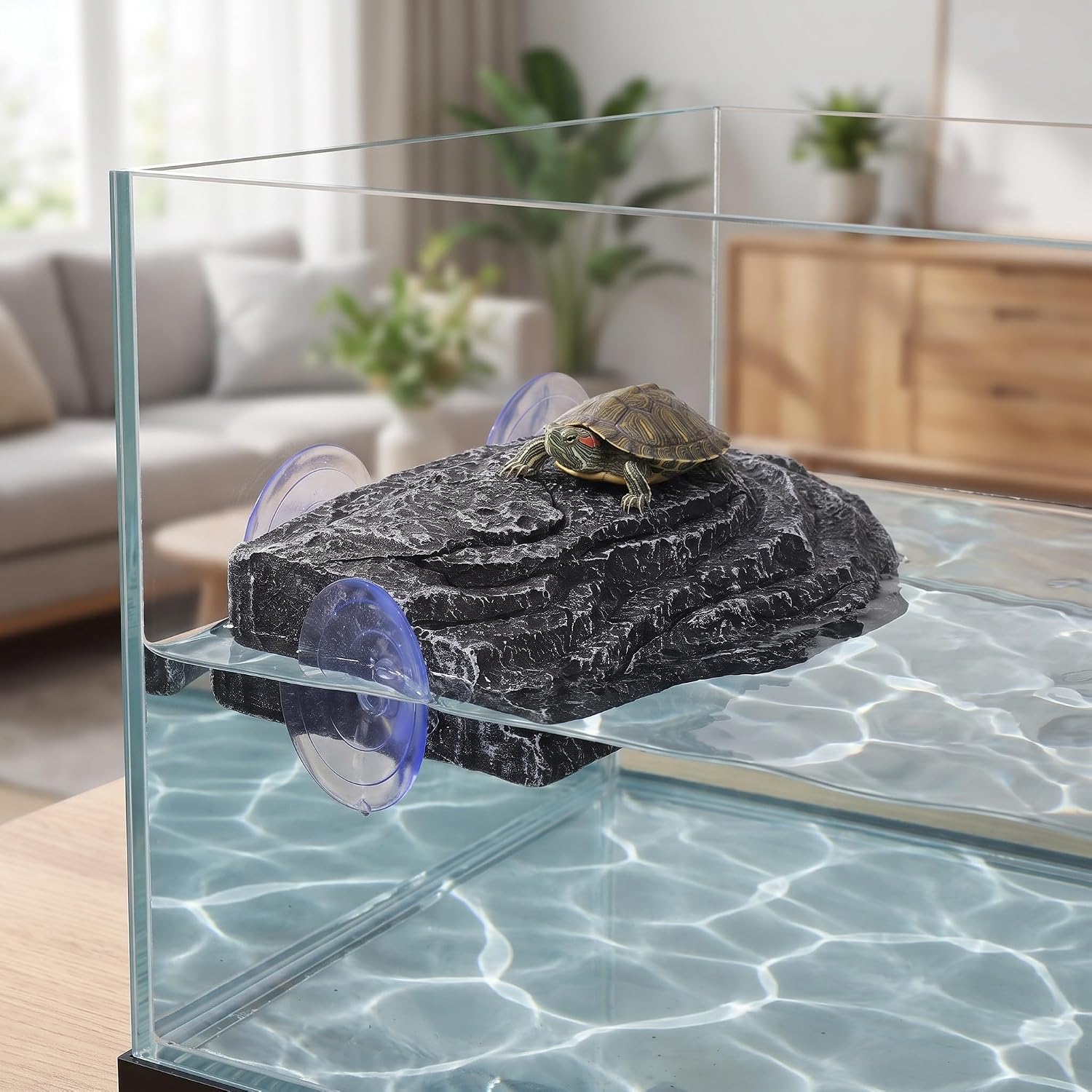 Resin Turtle Basking Platform Rock, Reptile Resting Platform with Suction Cup for Turtle Tank, Tortoise Habitat Decorations, Climbing and Hiding Area for Frogs, Lizards, Newts