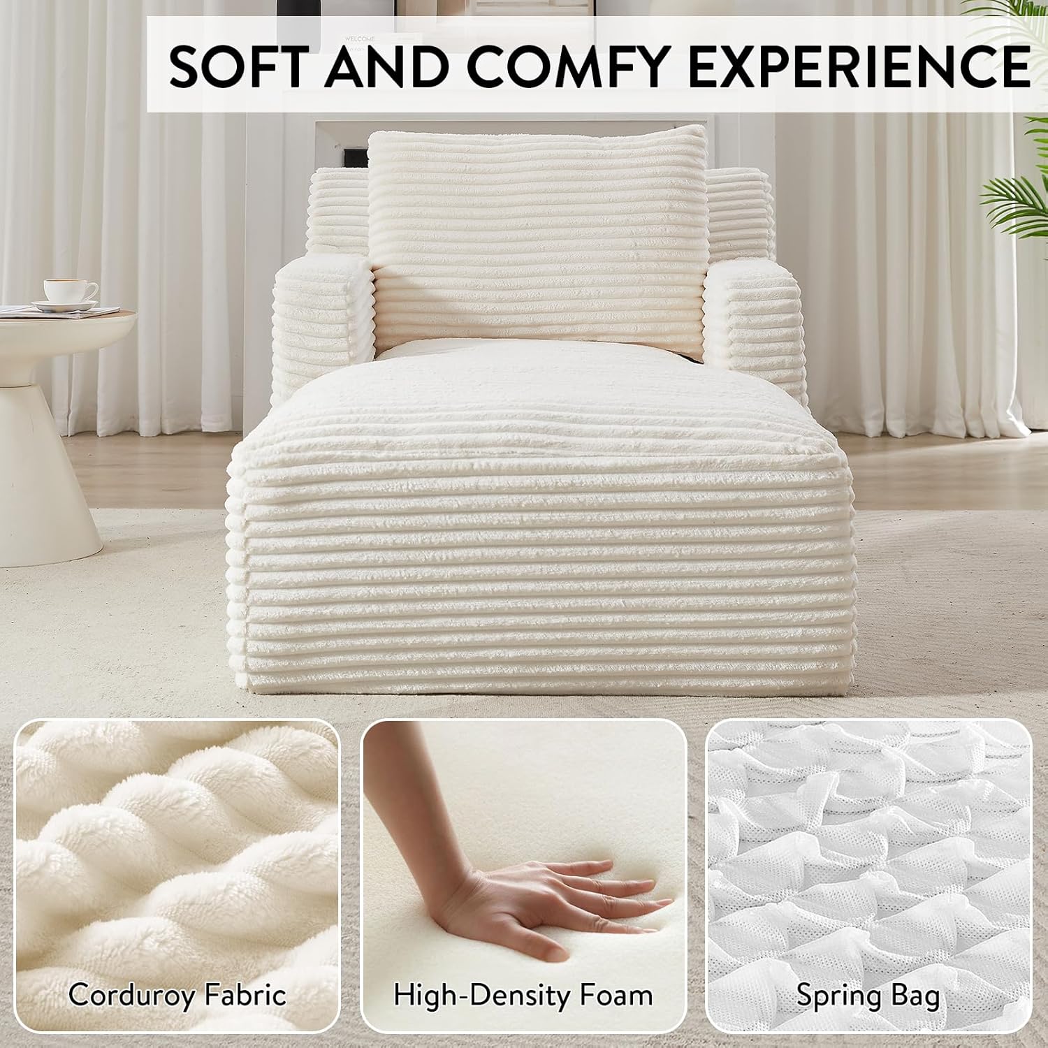 Chaise Lounge Chair Indoor, Upholstered Corduroy Single Lounge Sofa Couch, Comfy Reading Recliner Sleeper Sofa Chair Bed with Armrests and Pillows for Bedroom, Living Room (White)