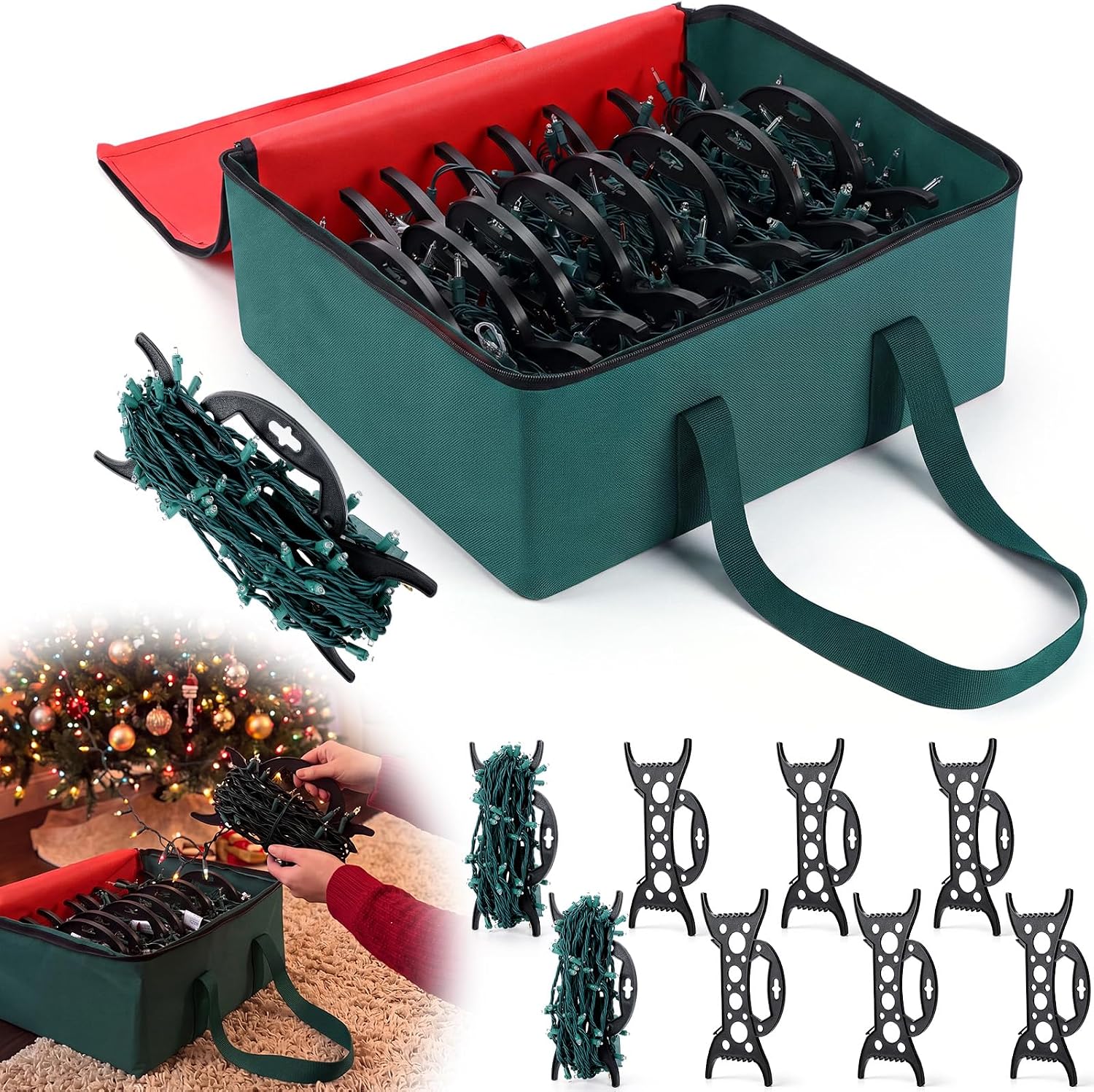 Christmas Lights Storage Bag Christmas Tree Lights Organizer with 8 Plastic Wheels Tear Proof 600D Oxford Fabric Storage Holder Zip up Bag with Reinforced Handles for Holiday(Red Green)