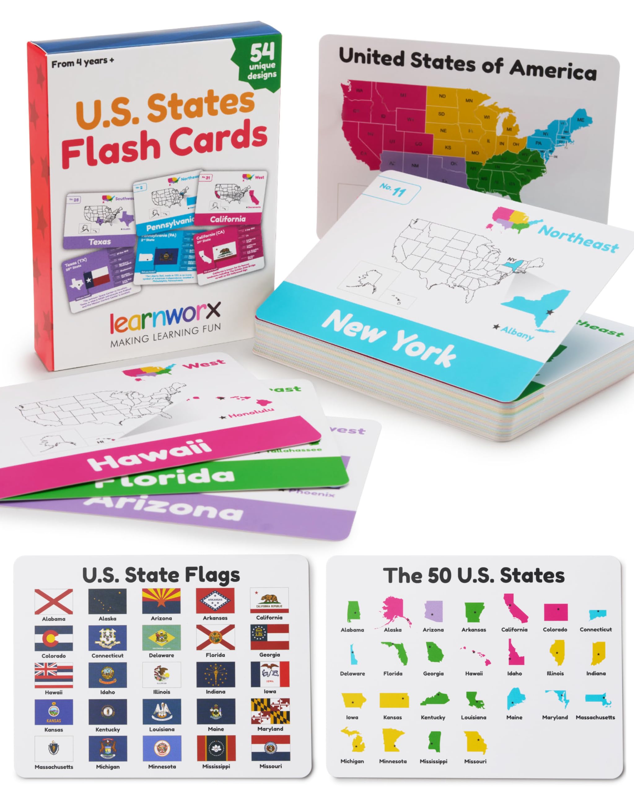 U.S. States Flash Cards for Kids | 50 State Geography Cards with Capitals, Flags, State Birds & More | Educational Flashcards for Learning U.S. History & Facts | Ages 4, 5, 6,7, 8, 9, 10