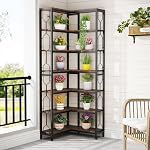 Tribesigns Corner Shelf, 7-Tier Industrial Corner Bookshelf, Wood and Metal Etagere Bookcase, Freestanding Display Shelf for Living Room, Kitchen, Home Office, Rustic Brown | Corner Bookshelf