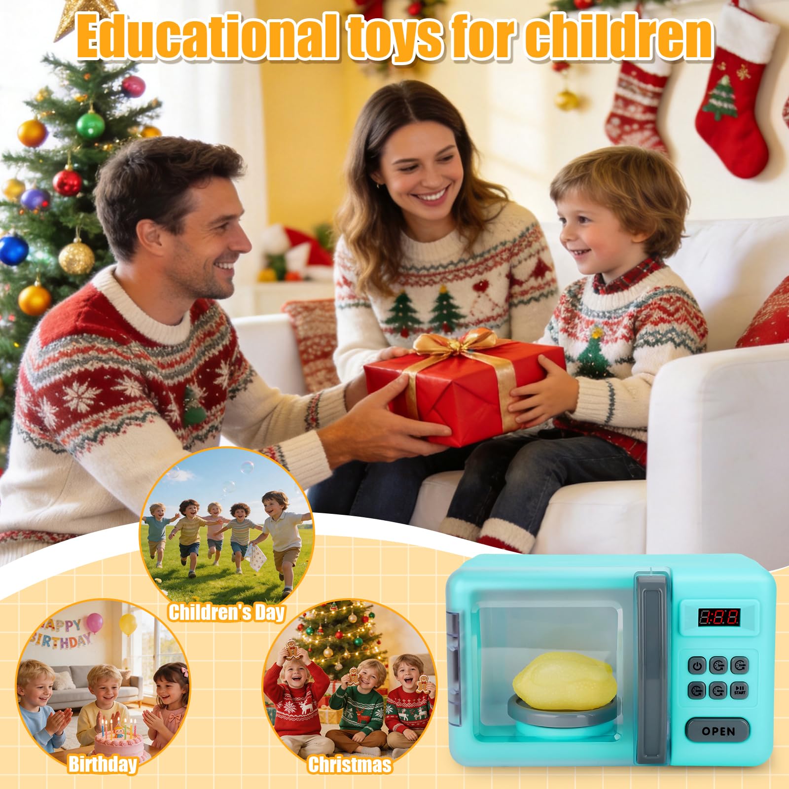 deAO Micro-Ondes Four Toy Cooking Play Kit avec Lumière Réaliste, Sons | Jeu de Cuisine avec Poulet Rôti et Play Fake Foods, Électronique et Aliments de Jeu, Jouets Cuisine Éducatifs pour Enfants