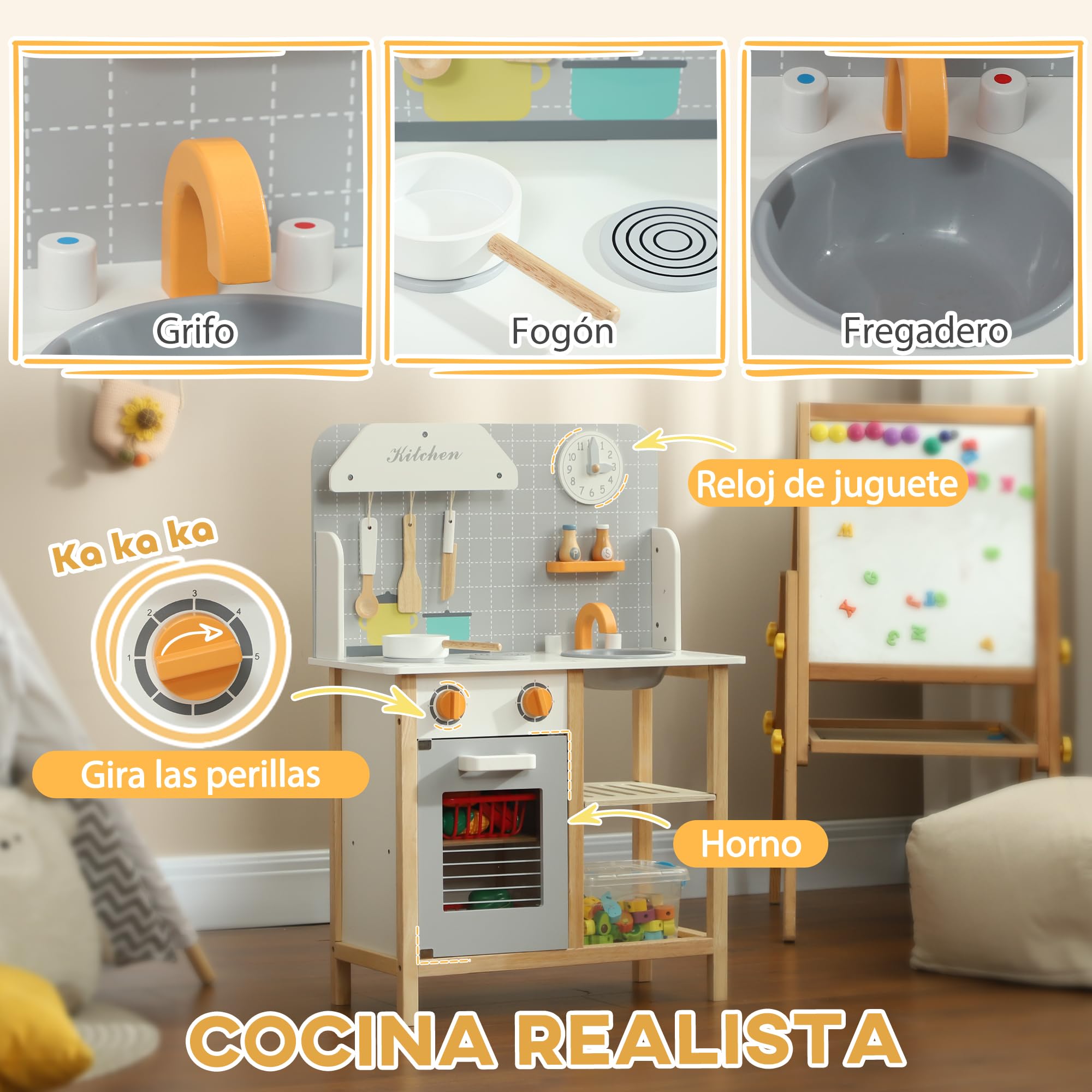 AIYAPLAY Cocina de Juguete con Sonido para Niños +3 Años 57x26x82 cm Gris | Cocinita Infantil, Cocinita de Madera Infantil, Fogón, Horno, Grifo, Fregadero, Accesorios de Cocina