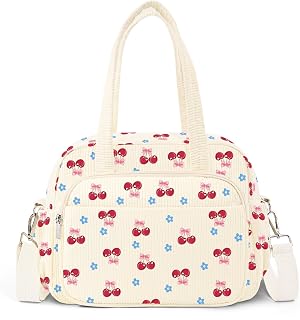 WOBAGMEN Lunch Box for Women,Insulated cherry Corduroy Lunch Tote Cute Lunch bag with Shoulder Strap, Multiple Pockets, Adult Teacher Nurse Bento Lunch Box for Women for work Picnic