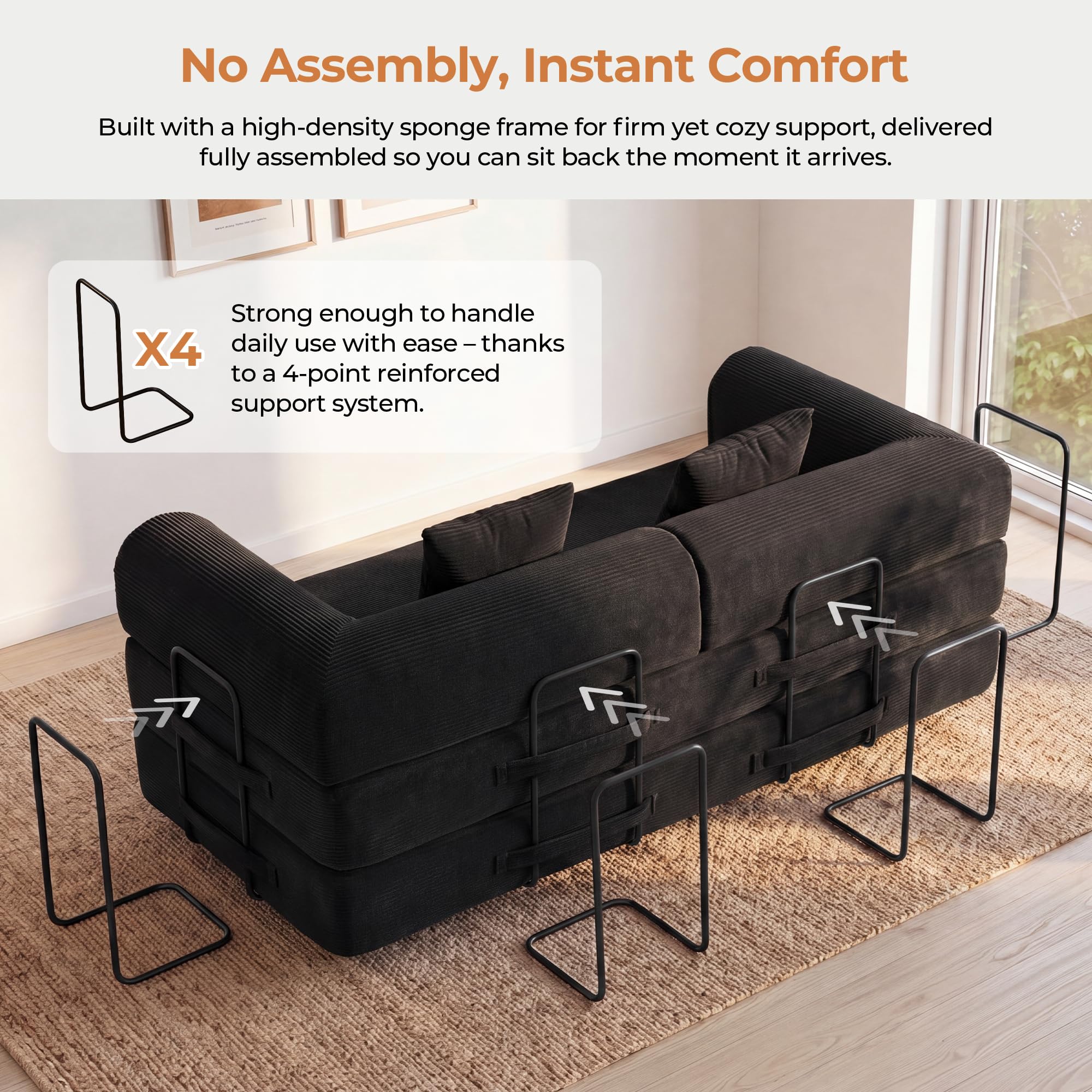 79" Convertible Futon Sofa Bed, Boneless Couch for Living Room | Corduroy Boneless Loveseat Sleeper Sofa, Modular Futon Couch with Fixed-Shape Frame, Pull Out Couch No Assembly | Black