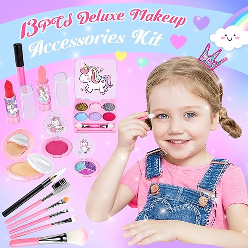 Miniatura 3 de GIFTINBOX Kit de maquillaje para niños para niñas, kit de maquillaje lavable para niñas con bolsa de unicornio, maquillaje para niños pequeños,