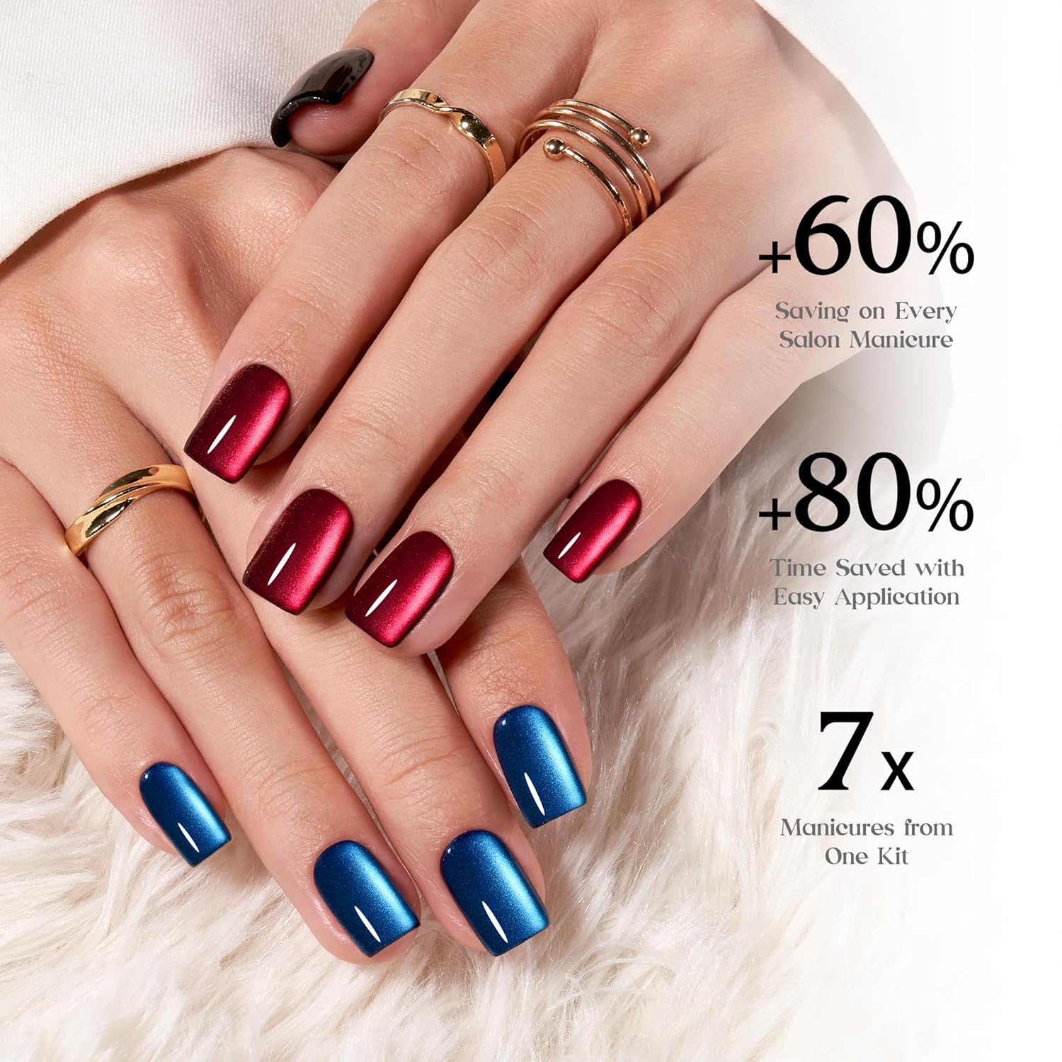 Beetles X Press Cat Eye Nails - 7 Colors Short Square Press On Nails | 16 Sizes 224 Pcs Natural Salon Quality Red Blue Purple Cateye Nails For Women