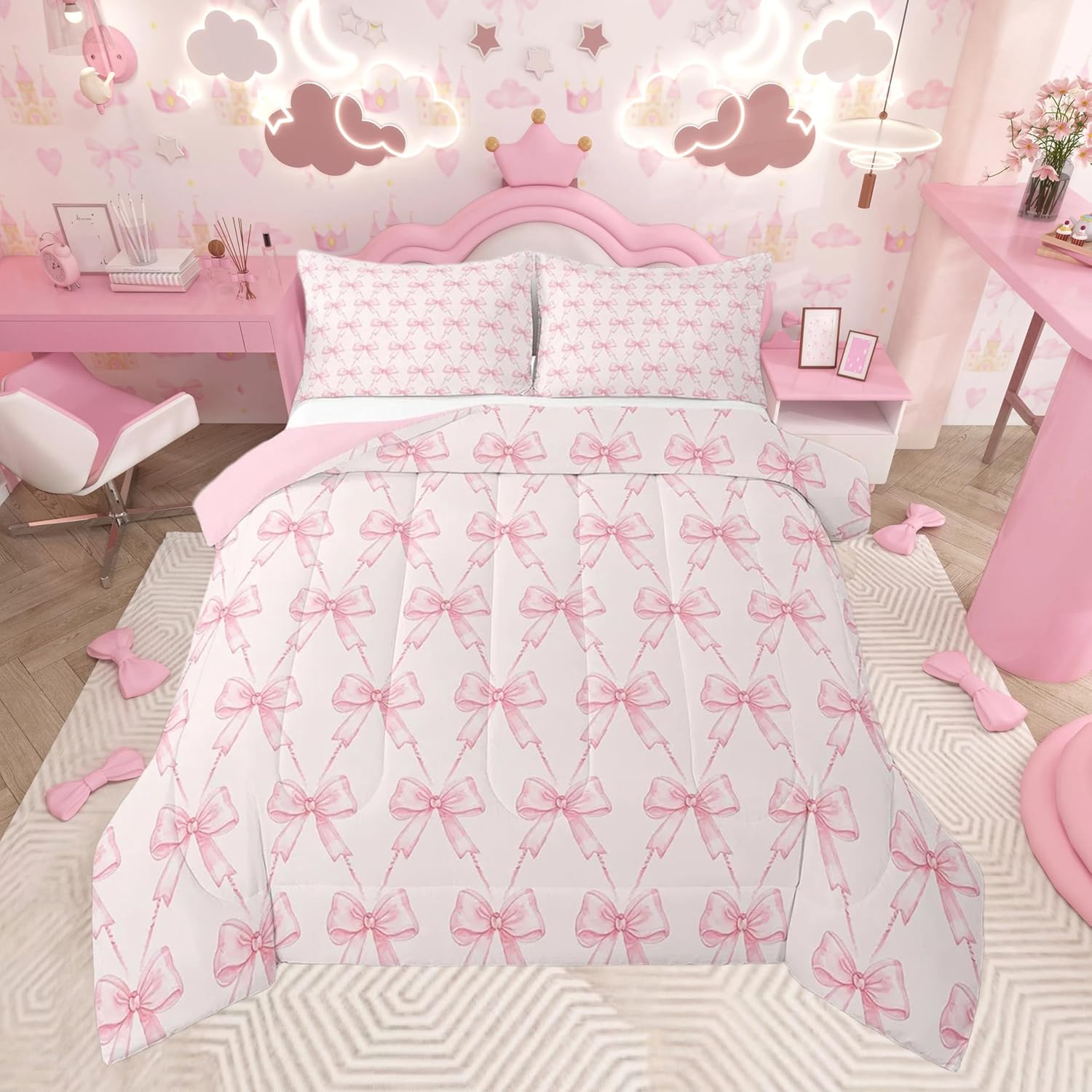 Feelyou Bow Comforter Set Full Size Pink Girls Bow Bedding Set Boys Girls Cute Bowknot Comforter for Kids Women Men Kawaii Duvet Set Bow and Stripes Quilt Set 3Pcs