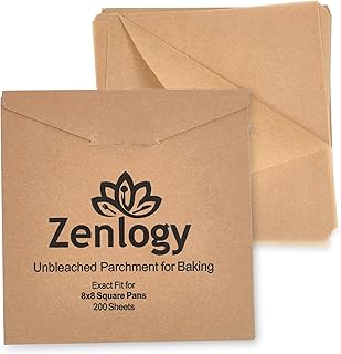 Zenlogy 8x8 Parchment Squares (200 sheets) - Unbleached, Non-stick, Pre-cut Parchment Paper - Fits 8x8 Brownie Square Pans...