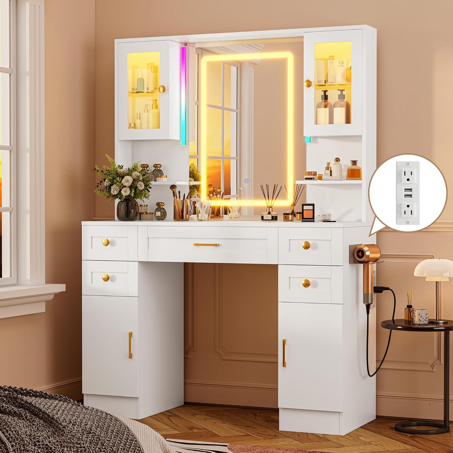 NUNU LAB White Vanity Desk with Mirror and Lights, Women Makeup Vanity with 16 RGB Colors Light & Power Outlet, 4 Cabinet, 2 Shelves & 5 Drawers for Bedroom (049 White) 049 White Rgb Light 42.3*15.75*59.45in