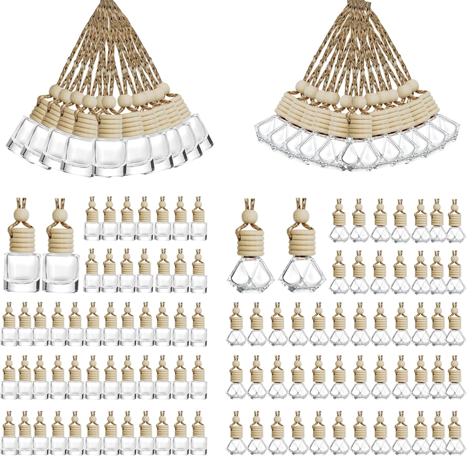 100pcs 8ml Hanging Car Air Freshener Diffuser Car Diffuser Bottles,Empty Refillable Clear Glass Essential Oil Fragrance Perfume Pendant Glass Vials with Wooden Caps Car Diffuser Air Freshener