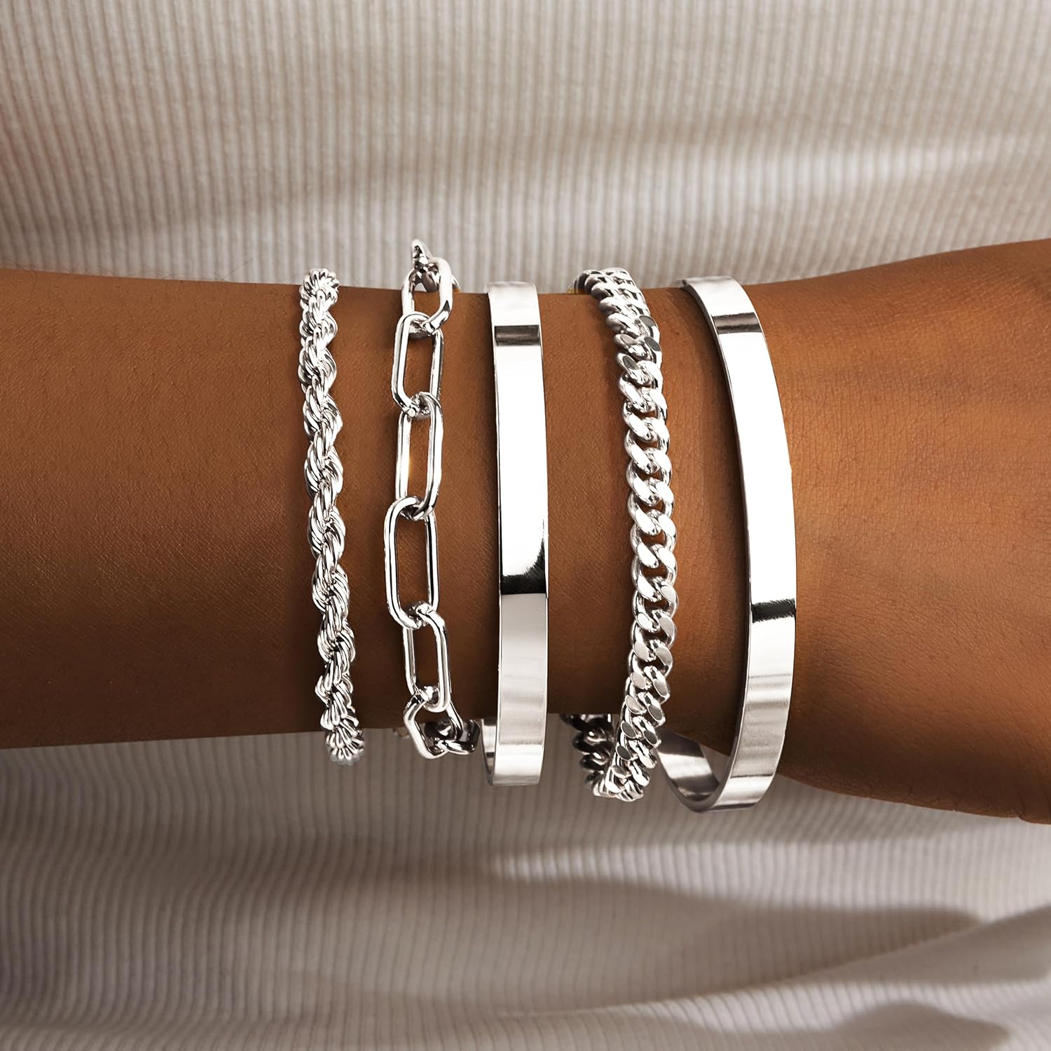 Gold Bracelets Set for Women Non Tarnish, 14K Gold Plated Sterling Silver Chunky Cuff Bracelet Stackable Gold Bangles Bracelet for Women Trendy Fashion Accessories Tie Knot Cuban Rope Paperclip Beaded Bracelet Stack Jewelry Valentines Day Gifts - Image 5