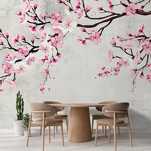 Miniatura 3 de wall26 - Mural de pared grande - Pintura de tinta estilo acuarela, flor de cerezo rosa sobre fondo de pared vintage, papel tapiz de vinilo