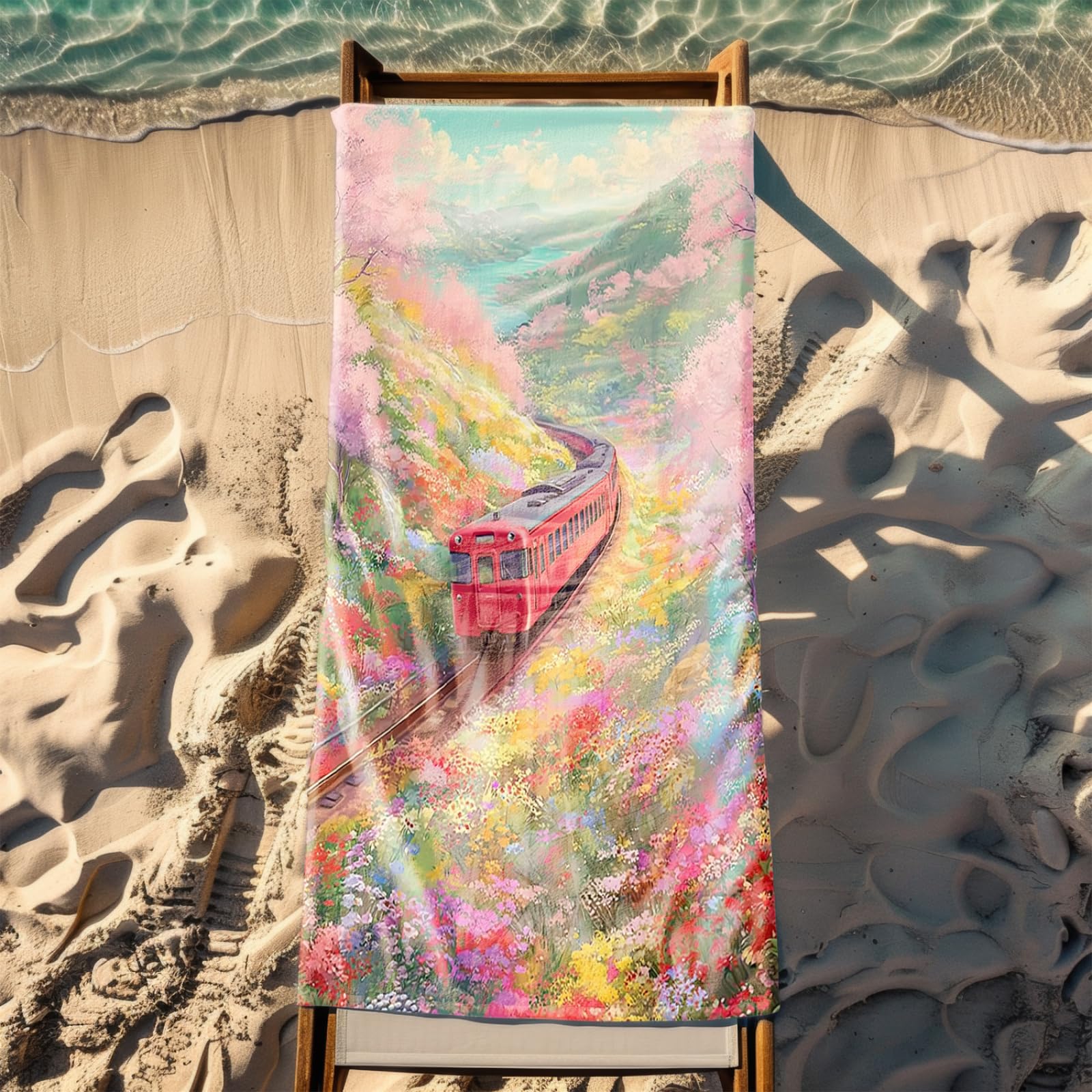Telo Mare Microfibra 210x230 Treno, Fiori Telo Spiaggia Grande Antisabbia,XXL Asciugamano Mare, Asciugatura Rapida, Stuoia Spiaggia Leggero E Portatile