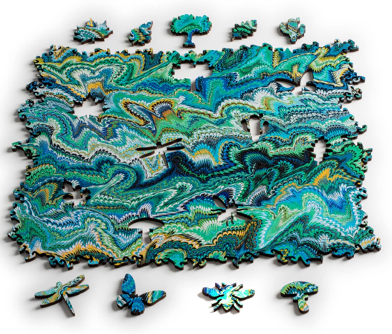 Marbling Infinity Wood-Art Mind Exercise Challenge for Adults - 363 Pieces - No Fixed Shape - Endlessly Reconfigurable - 12 x 10.5 in - Large - Blue Green