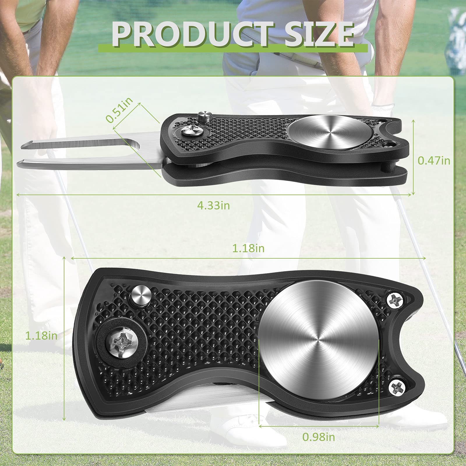 Strumento di Riparazione Divot Golf in Acciaio Inossidabile Forcone Pieghevole con Pennarello, Nero