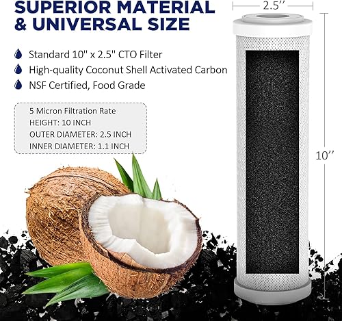 Miniatura 4 de Membrane Solutions Filtro de agua de bloque de carbono CTO de 5 micrones y sedimentos ranurados de 5 micrones de 10 x 2.5 pulgadas, filtros de agua