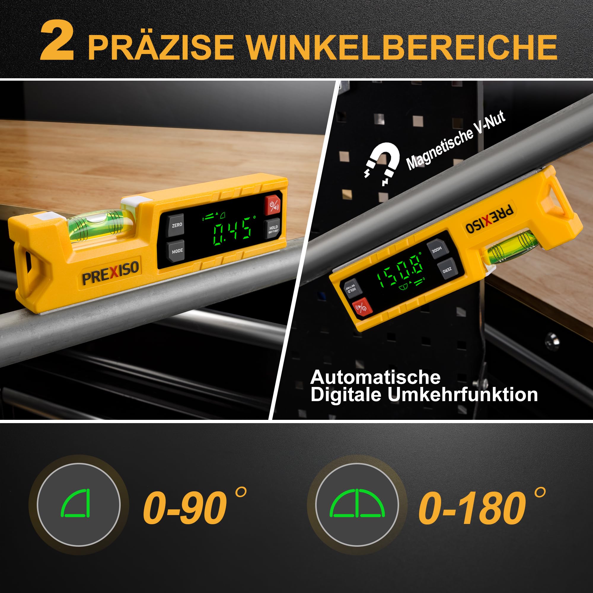 PREXISO Digitale Wasserwaage & Digitaler Winkelmesser, 17,5 cm, 0–90° & 0–180° Messbereich, Magnetische V-Nut, Torpedo-Wasserwaage mit Audioanzeige für Holzarbeiten & Heimwerker
