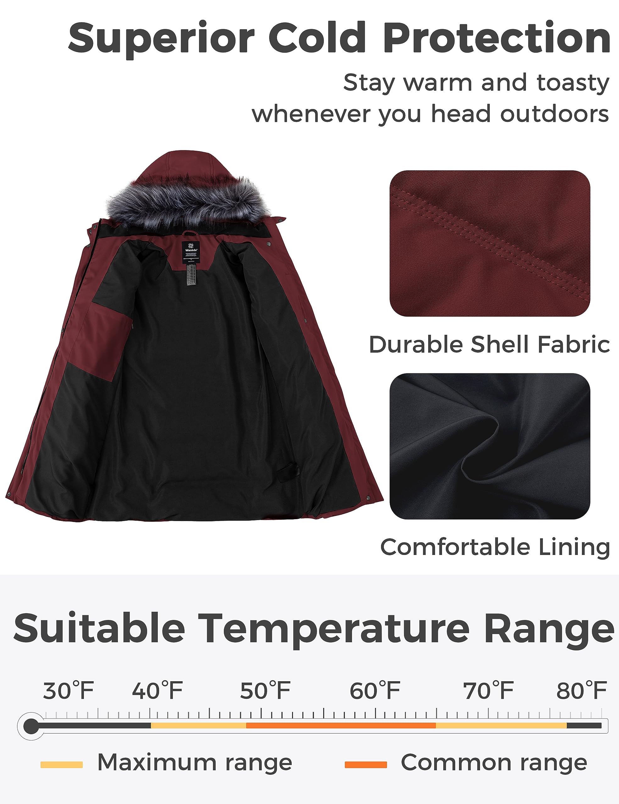 wantdo Women's Windproof Puffer Coats Puffy Jacket Heavy Winter Coat Wine Red L