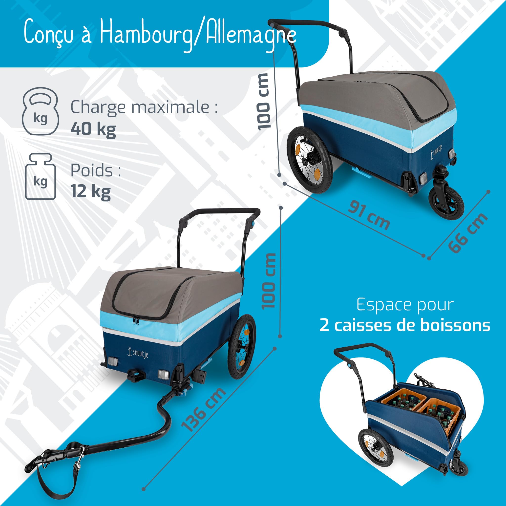 Remorque de Transport Pliable 2 en 1 Vélo Chariot Compatible Vélo Électrique Camping Jardin